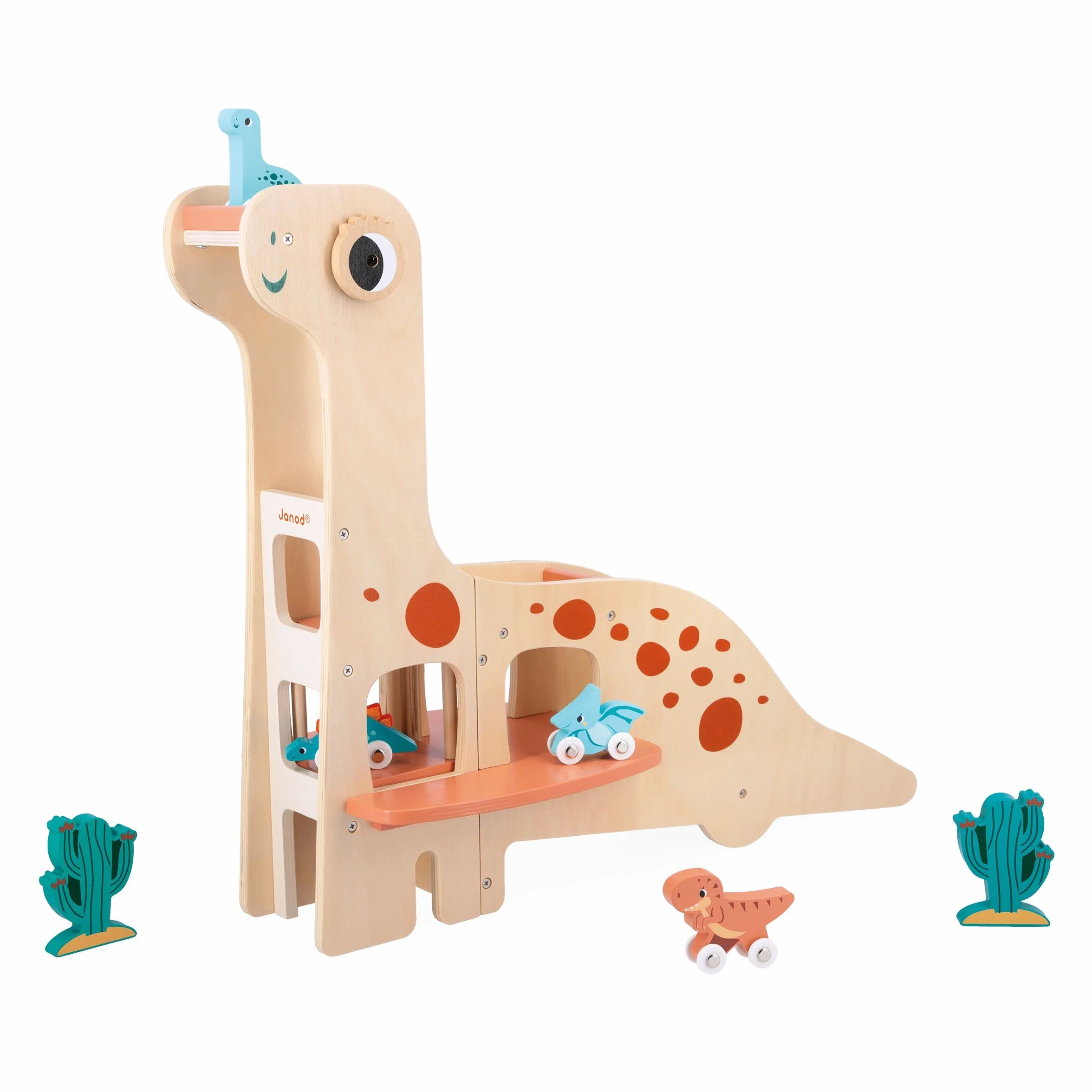 Janod Dinosaur Garaż Diplodocus dla dzieci-4 Dinos do pchania i 2 kaktusy - rozwija umiejętności motoryczne - drewniana zabawka FSC-od 24 miesięcy, J05835, Wielokolorowy