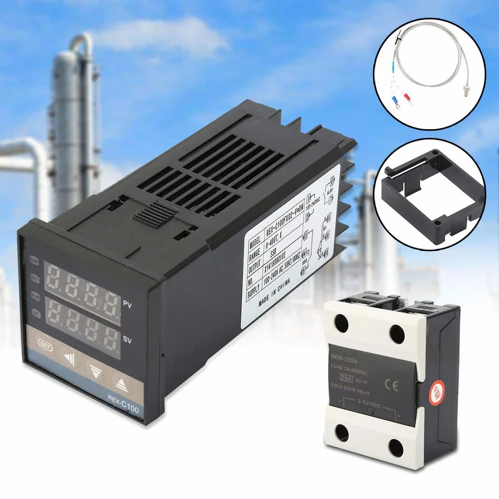 Zestaw regulatora temperatury PID cyfrowy z SSR 25A, termopara M6 K 1m, zakres 0-400°C, sterownik do pieca i grzania, kompatybilny AC110-240V