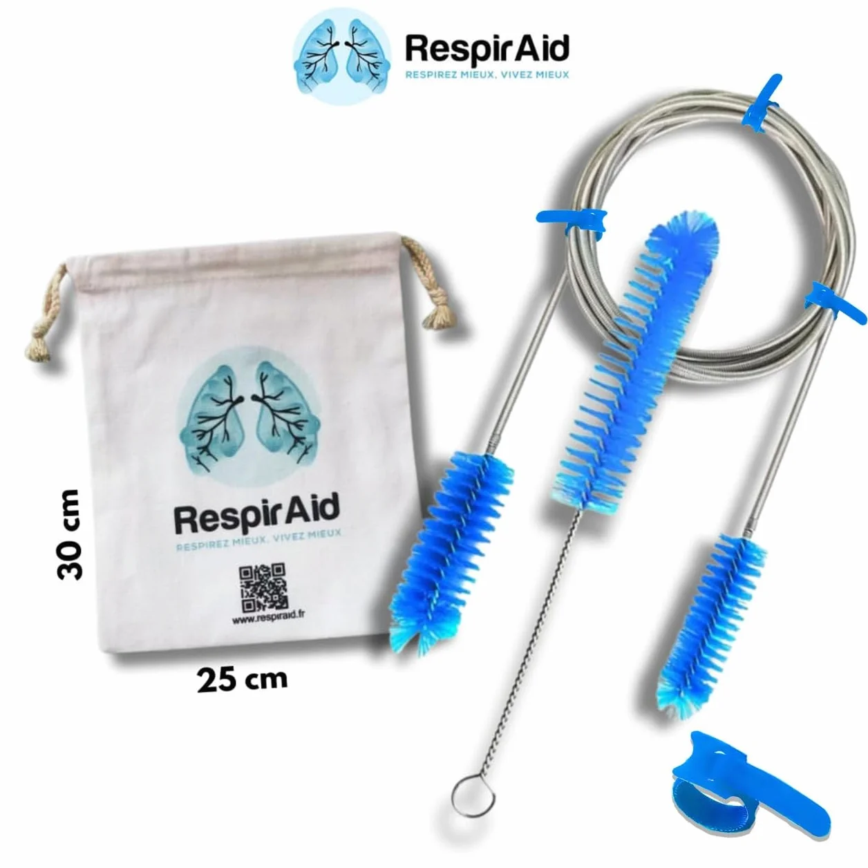 Zestaw czyszczący CPAP RespirAid: Szczotki do węży CPAP 15x19mm, torba ochronna na maskę CPAP, uchwyt i zestaw do maski bezdechu sennego. Kompatybilny ze wszystkimi maszynami CPAP i maskami CPAP
