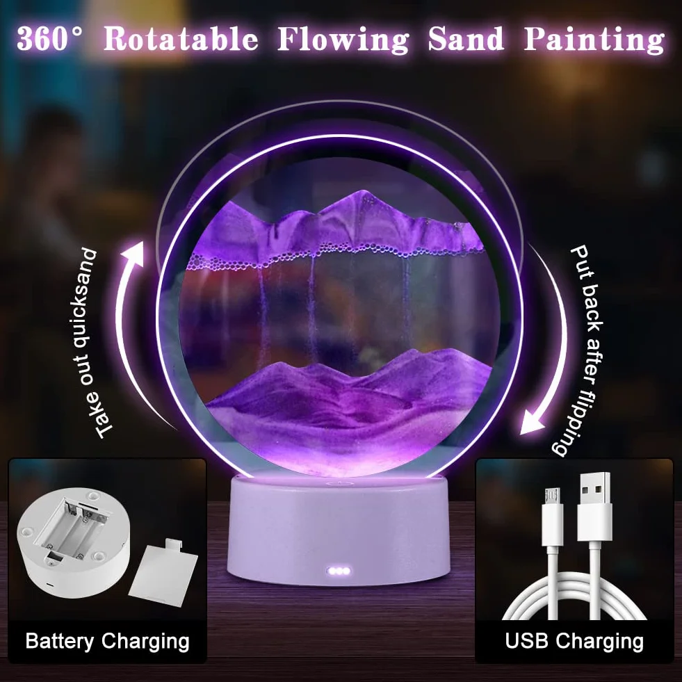 Joycabin Lampa biurkowa 3D z ruchomym piaskiem, płynne malowanie piaskiem, obracane o 360° światła z pilotem zdalnego sterowania, okrągłe szklane światło