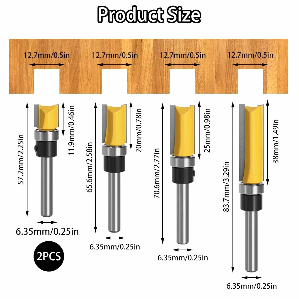 5 sztuk frezy do drewna 6,35 mm, zestaw frezów do drewna, frez z węglików spiekanych, frezy do drewna z łożyskiem do narzędzi stolarskich (57,2 mm 65,6 mm 70,6 mm 83,7 mm)