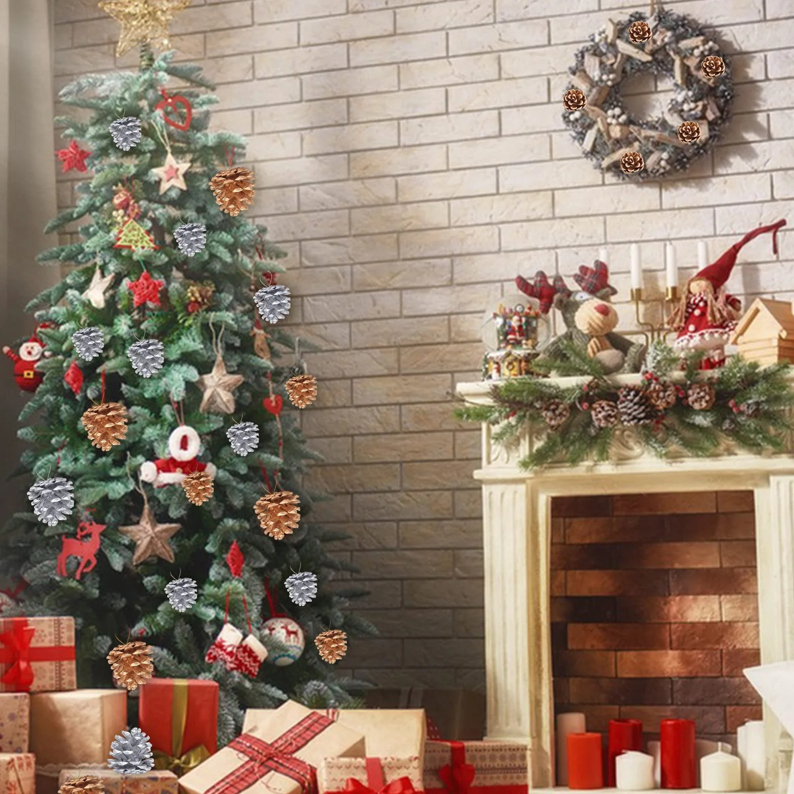 Bekecidi 36 sztuk świątecznych szyszek sosnowych, naturalne mini szyszki, Boże Narodzenie, szyszki śnieżne, ozdoby do dekoracji wnętrz, jesienne i świąteczne rękodzieła (złote + srebrne)