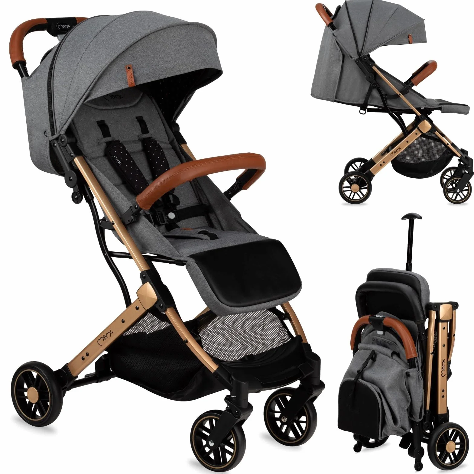 MOMI ESTELLE wózek dziecięcy dla dzieci od 6 miesięcy, do maks. wagi ciała 15 kg, składany do wymiarów 65 x 51 x 21 cm, waga 7,5 kg, 5-punktowy pas bezpieczeństwa, walizka, szaro-złoty