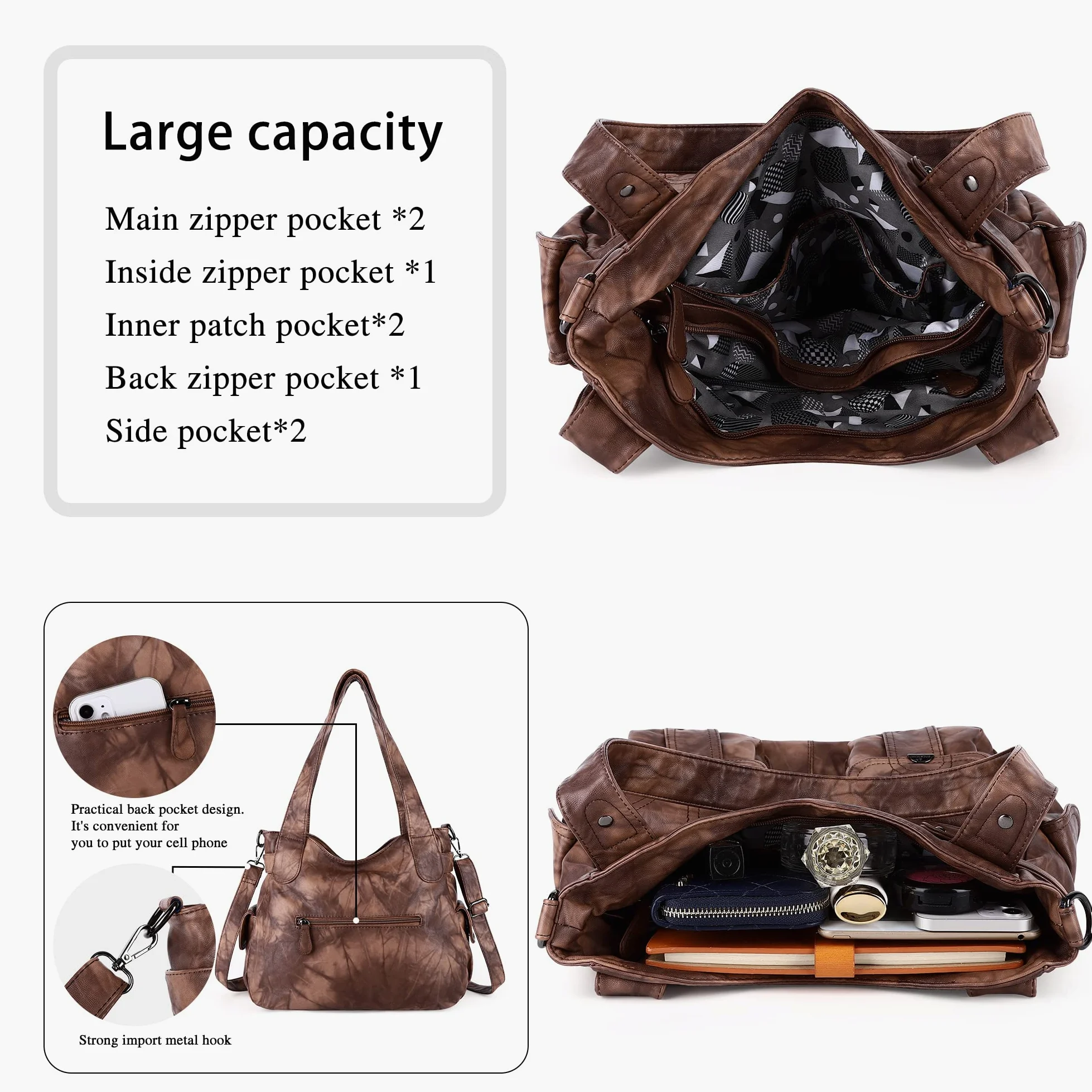Purses and Handbags Women Tote Shoulder Top Handle Satchel Hobo Bags Fashion Washed Leather Purse (5739-1#7028# 7 BROWN)
