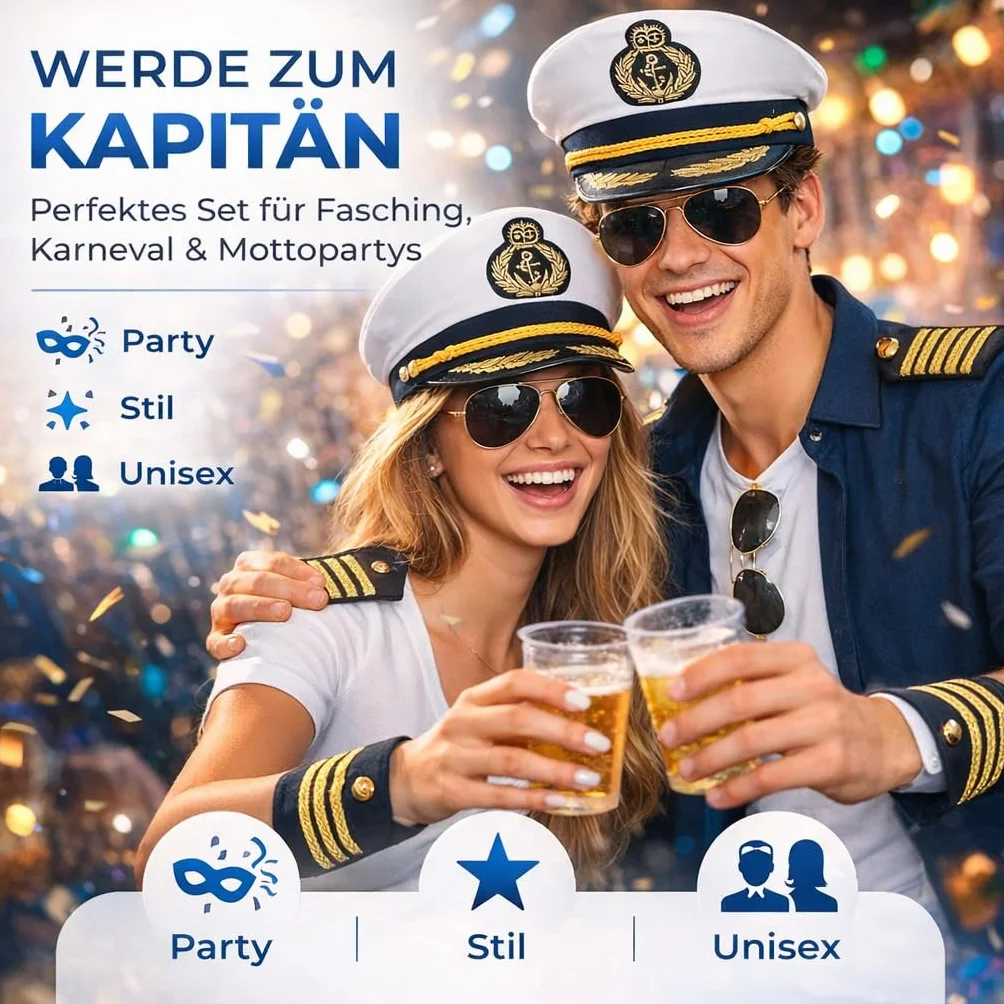 Zestaw kostiumowy Kapitan, z czapką kapitana czapką marynarską czapką żeglarską w stylu marynarskim, okularami pilota, mankietami na karnawał i imprezy kostiumowe dla kobiet i mężczyzn