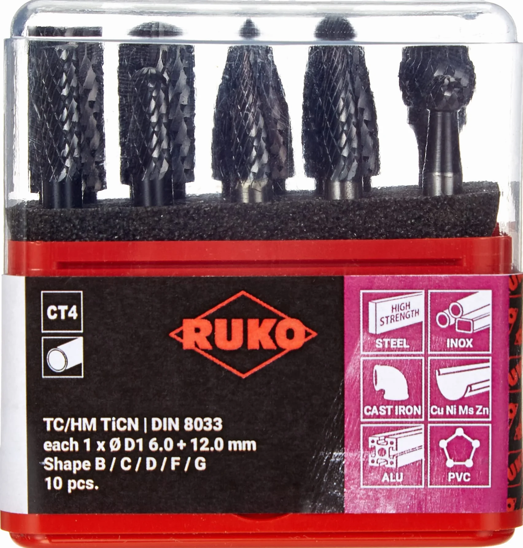Ruko 116002TC zestaw frezów z węglików spiekanych, 10-częściowy TiCN