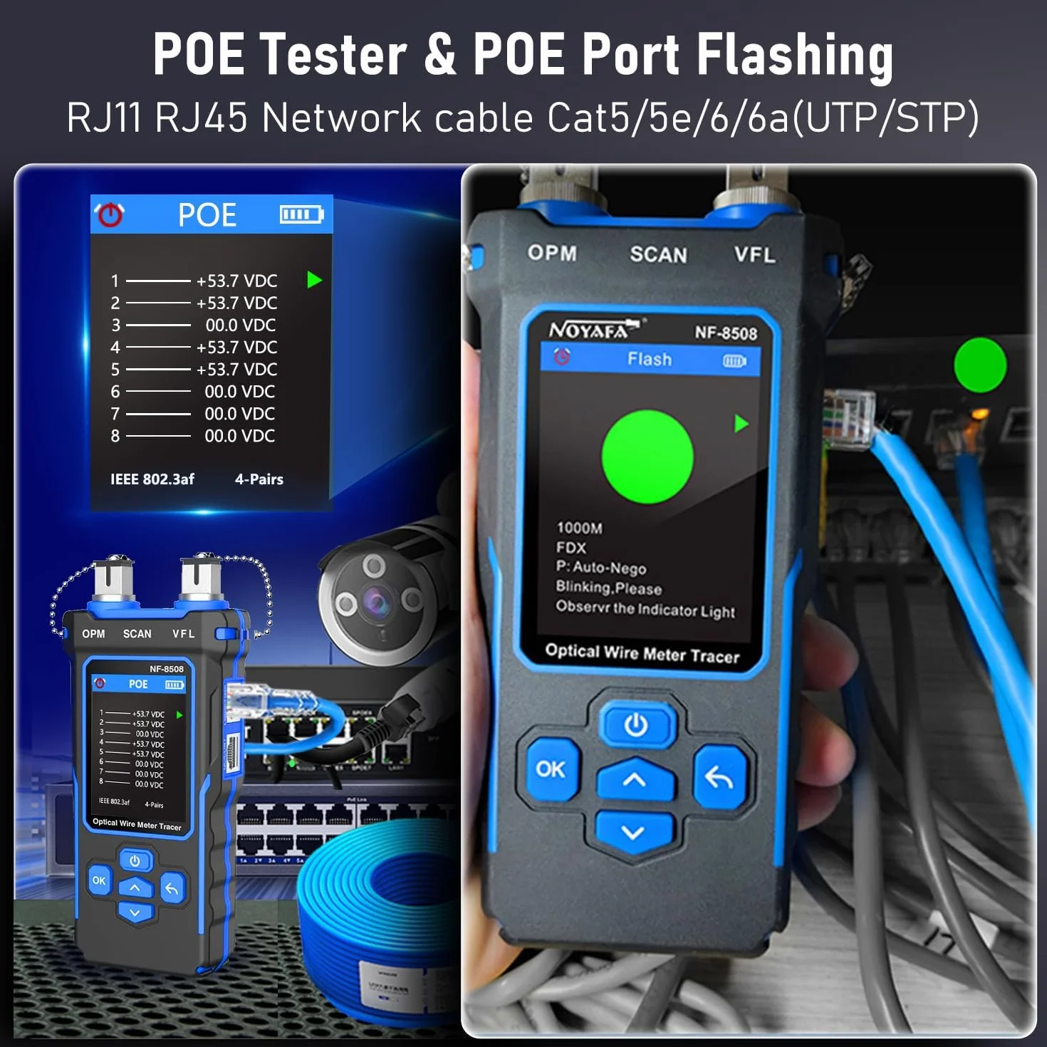 Tester kabli i sieci NOYAFA NF-8508 tester kabli sieciowych, miernik optyczny, tracer LCD, cyfrowy kabel do ponownego ładowania, lokalizator przewodów PoE