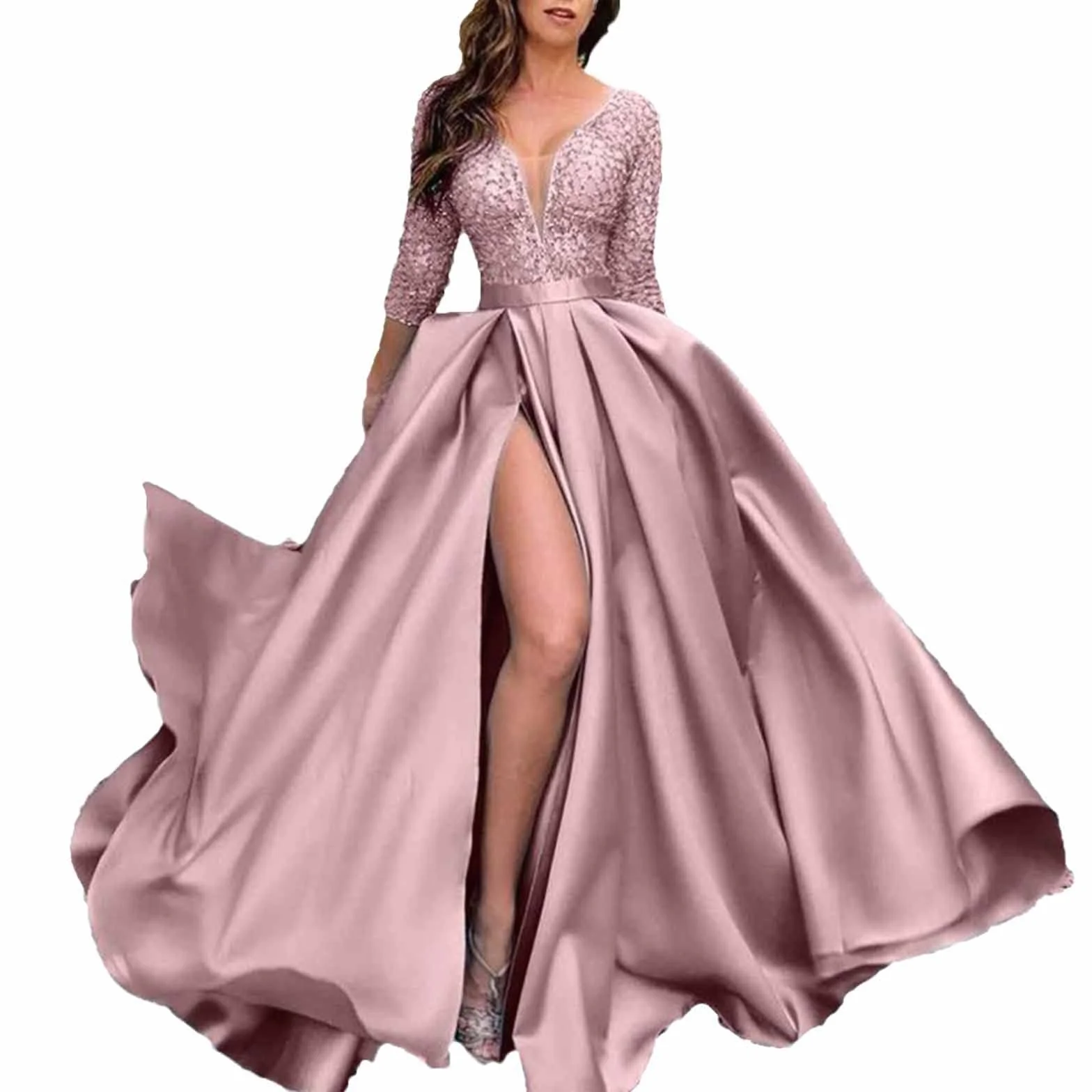 Damska suknia balowa elegancka z długim rękawem formalna okazja suknia wieczorowa zawijana dekolt w serek marszczona bodycon sukienka koktajlowa maxi