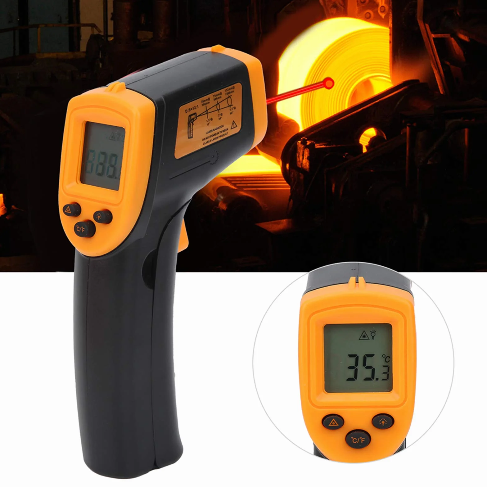 LCD Termometr na podczerwień Bezdotykowy Cyfrowy Pistolet do Pomiaru Temperatury Ręczny Miernik Temperatury Pistolet do Pomiaru Temperatury od -50 ℃ do 600 ℃ (Żółty)