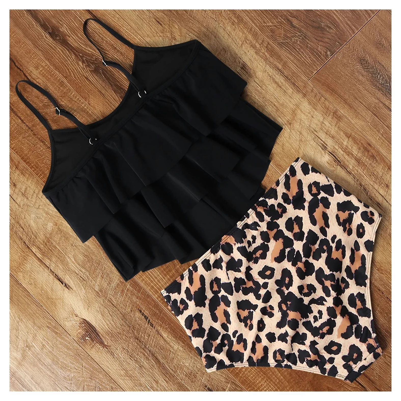 Dwuczęściowy strój kąpielowy Leopard Bikini Wysoka talia Bikini Zwierząt Drukuj Kwiatowy strój kąpielowy Strój kąpielowy z falbanką Stroje kąpielowe w dużych rozmiarach Kobiety Bikini Set (IS)