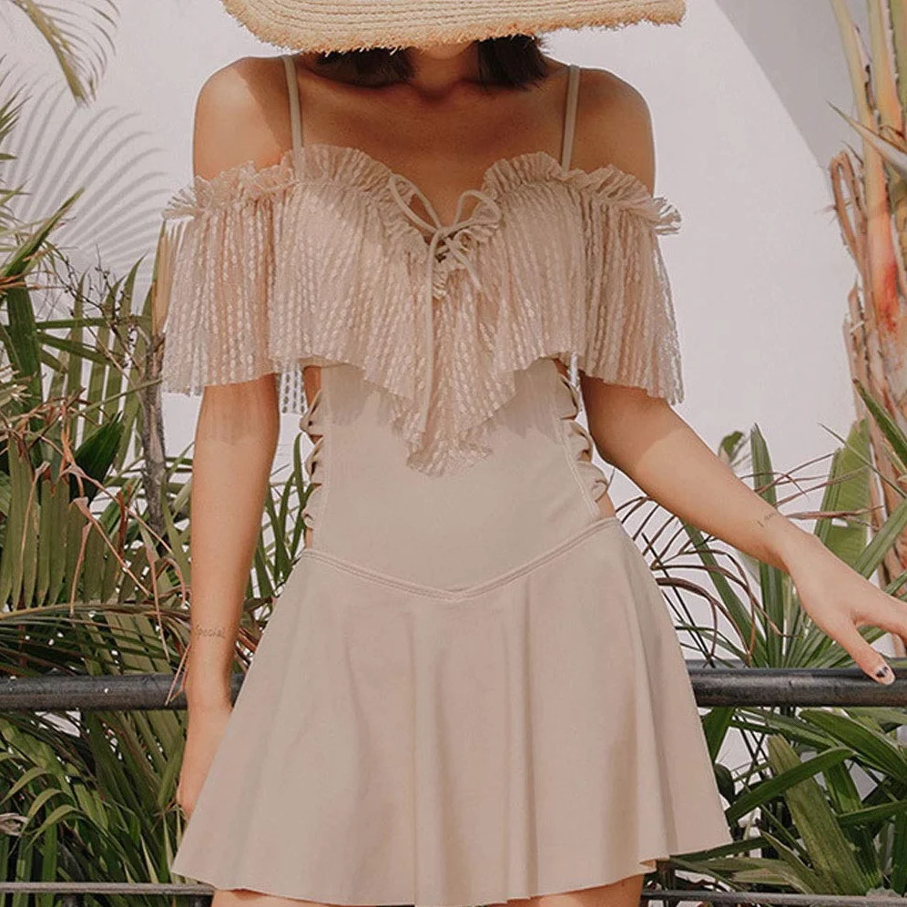 Dwuczęściowy strój kąpielowy damski jednoczęściowy kostium kąpielowy w stylu vintage z odkrytymi ramionami i marszczonymi kostiumami kąpielowymi Bikini Set (niebieski XL)
