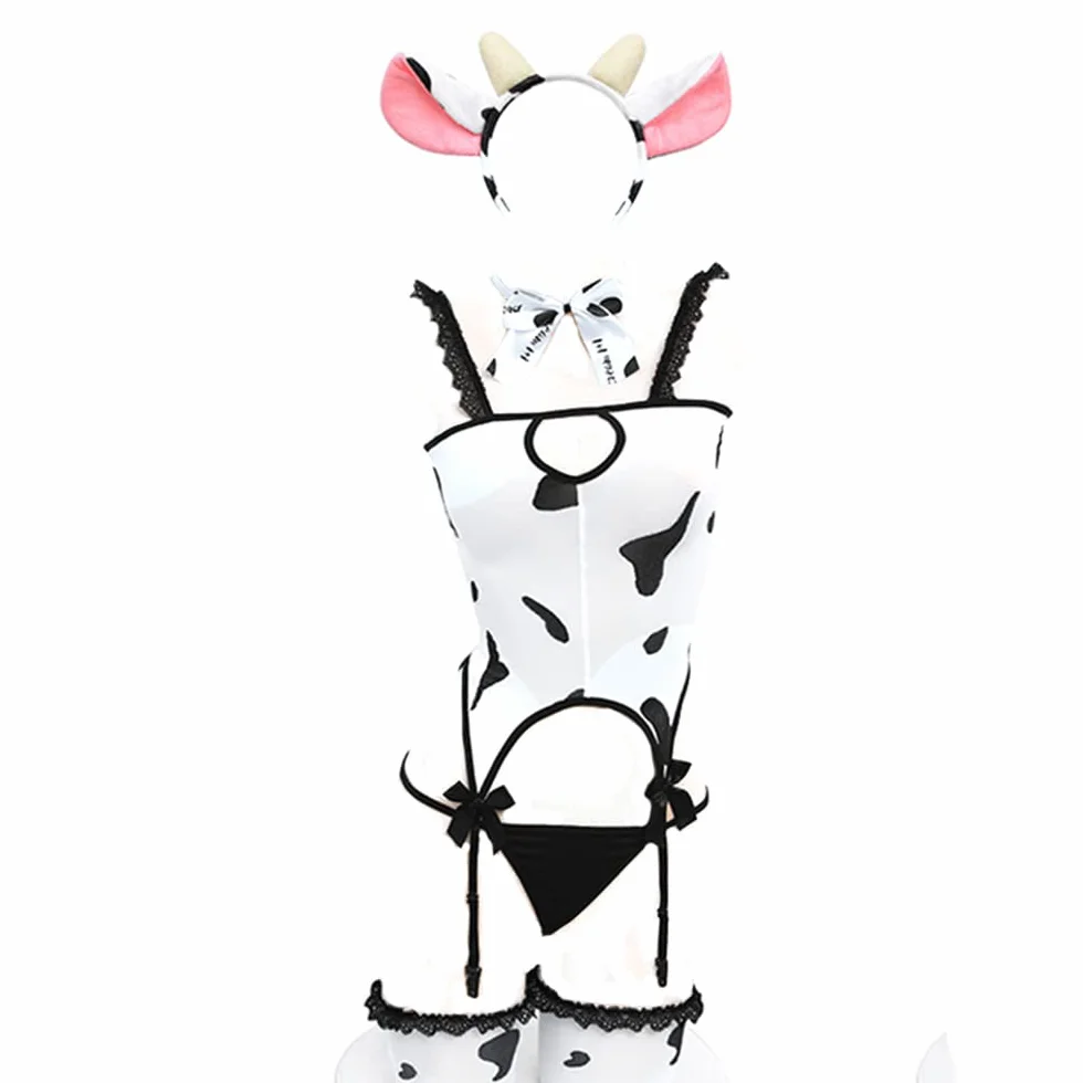 JasmyGirls Kostium cosplay seksowna pokojówka bielizna futrzana krowa kawaii anime zestaw bikini panterka biustonosz majtki biały