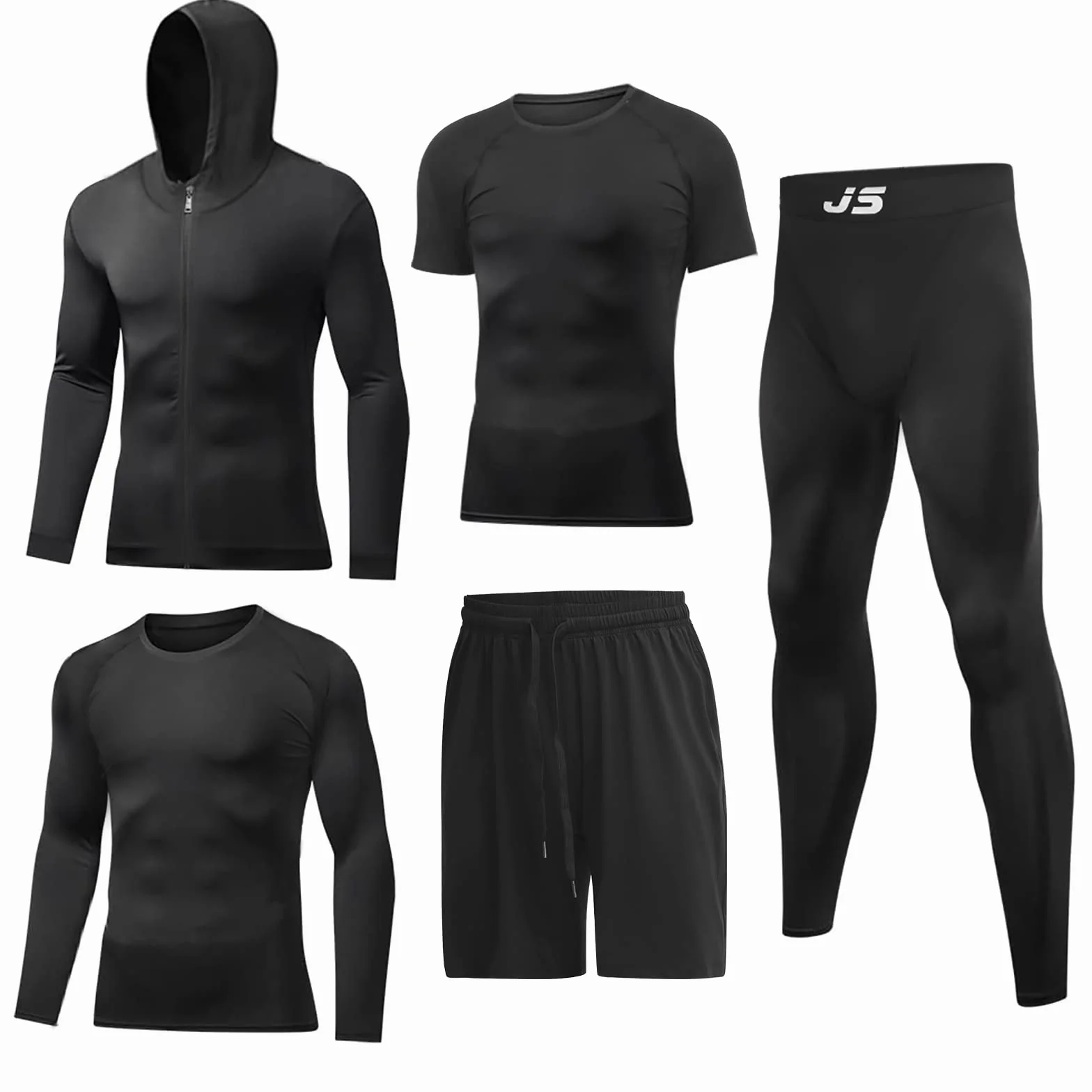 JULY'S SONG Zestaw treningowy dla mężczyzn, 5 sztuk, suche szybkie ubrania na siłownię z t-shirtem, tank top, szorty, spodnie, kurtka, sportowe stroje kompresyjne dla niego, kolor czarny, Czarny, L