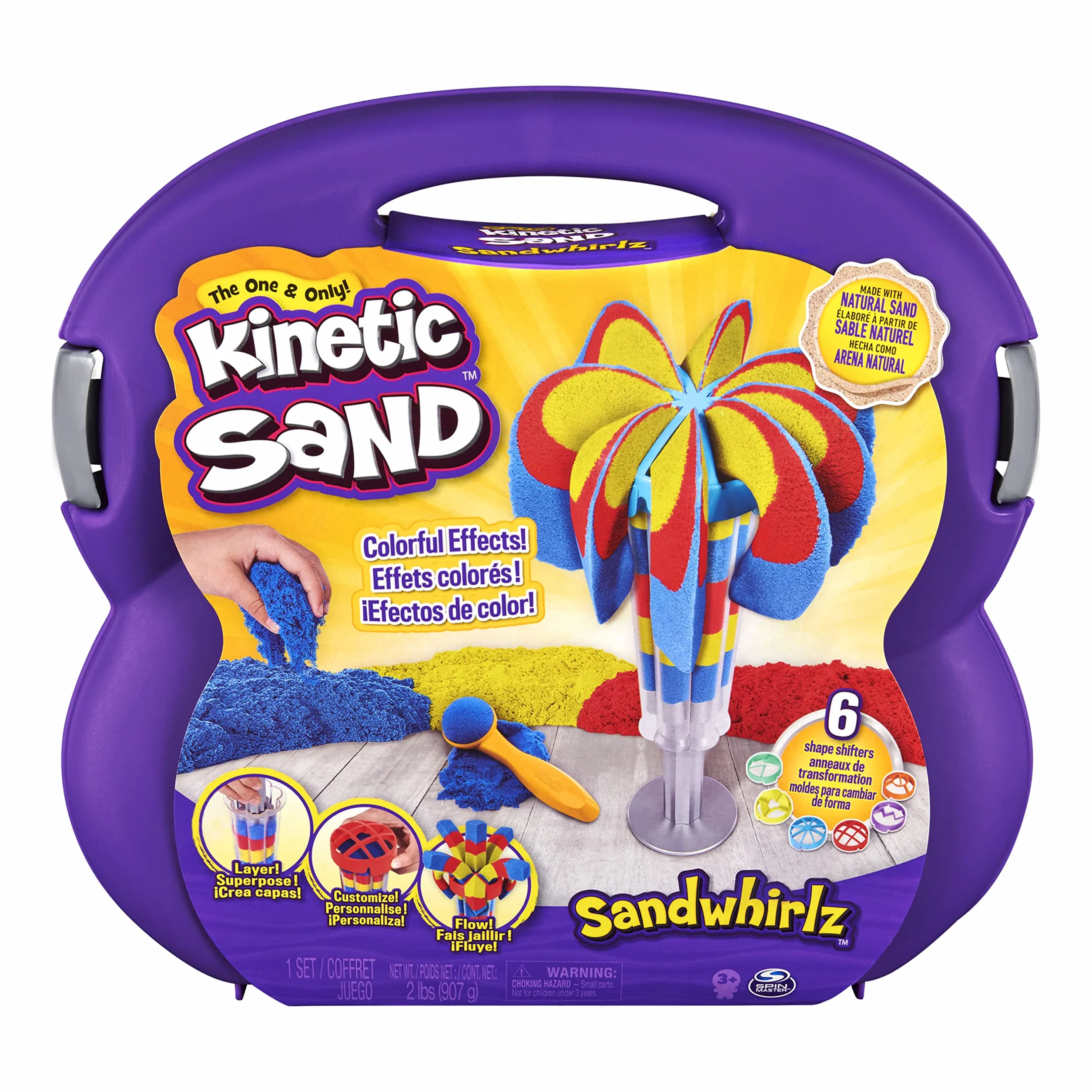 Kinetic Sand, Fontanna piasku, 3 kolory piasku kinetycznego z 10 akcesoriami, dla dzieci od 3 lat