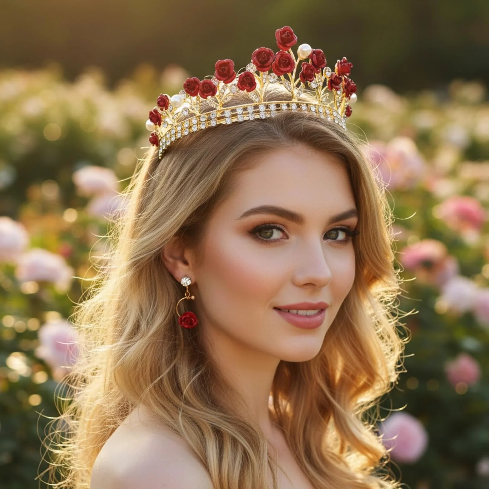 Zestaw kolczyków z czerwonymi różami, korona ze strasu, na wesele, czerwone róże, tiara i kolczyki, ozdoba głowy panny młodej, biżuteria kostiumowa akcesoria na karnawał, Walentynki, ślub