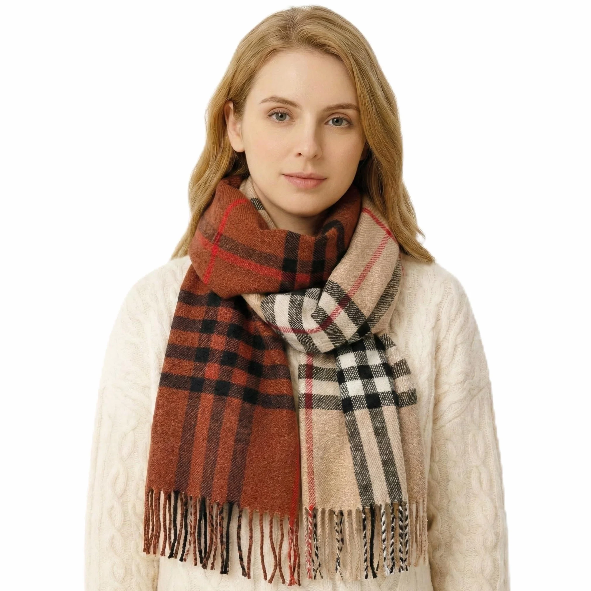 KARMA.DIEM Szal Premium – Dotyk Kaszmiru i Merino – Luksusowo Miękki i Ciepły Szalik Zimowy – Brązowa Krata – 180x65 cm Unisex Pashmina Stola dla Kobiet i Mężczyzn