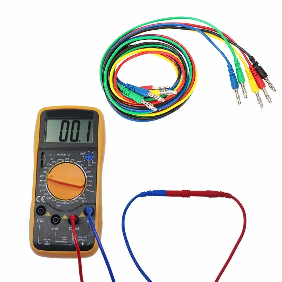 5 Sztuk Multimetr Przewód Testowy Przewód Bananowy Przewody Sondy P1043 4mm Kolorowe Plastikowe Wtyk Bananowy Linia Testowa z Męskiego na Męskie Formowana Wtryskowo Izolacja Chroń dla Multimetru