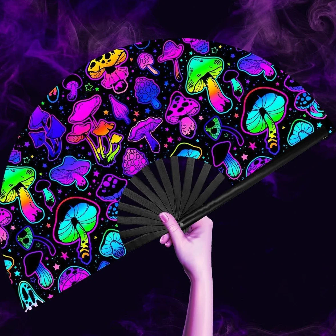 UV Glow Rave składany wachlarz ręczny do rave, duży wachlarz do tańca, drag queene, na imprezę, festiwal muzyczny, festiwal, występ, karnawał, prezent ślubny