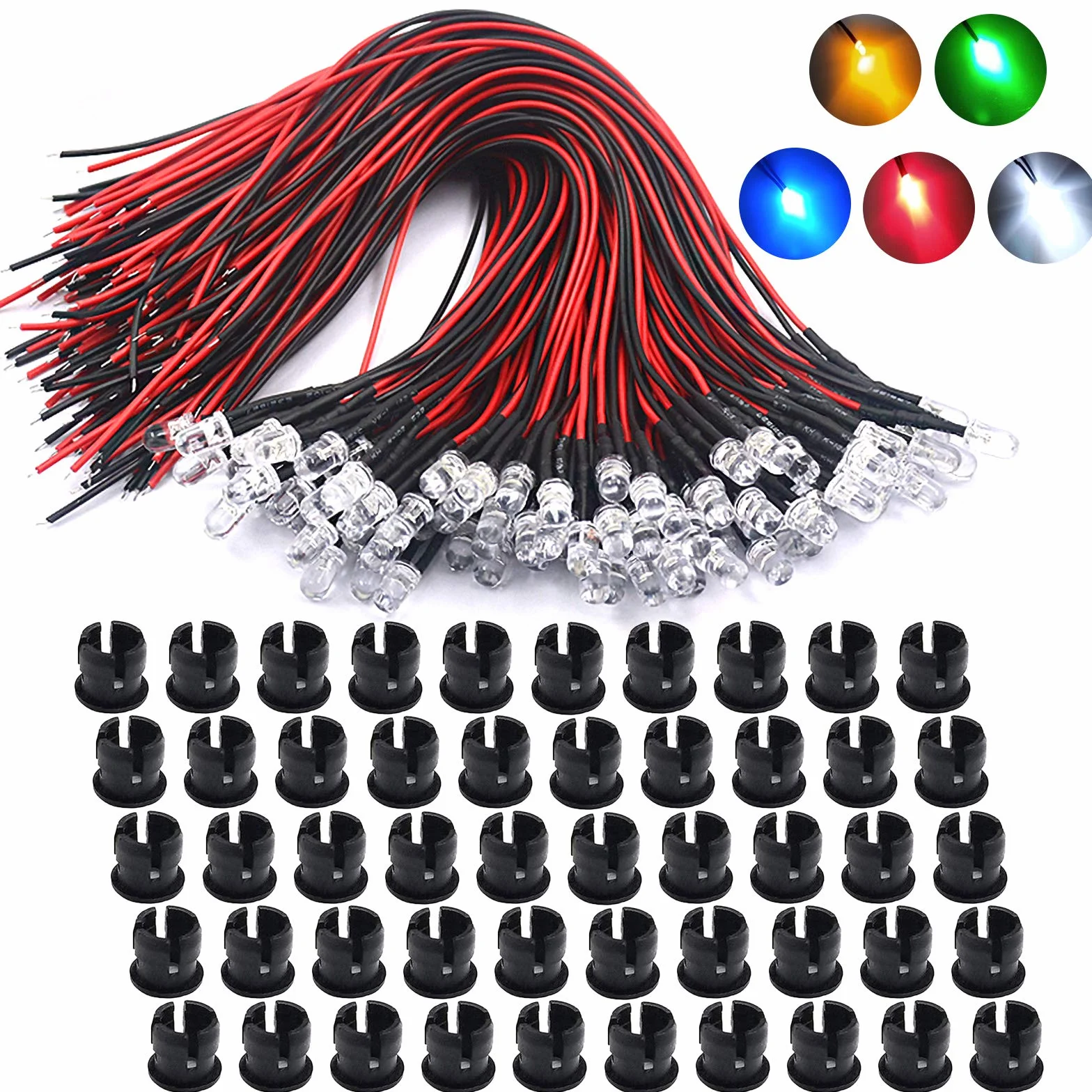 50 sztuk wstępnie okablowanych mini diod LED 5 mm DC 12 V, zestaw diod LED, oświetlenie modelarskie, wielokolorowe, białe, czerwone, niebieskie, zielone, żółte Lewttyer