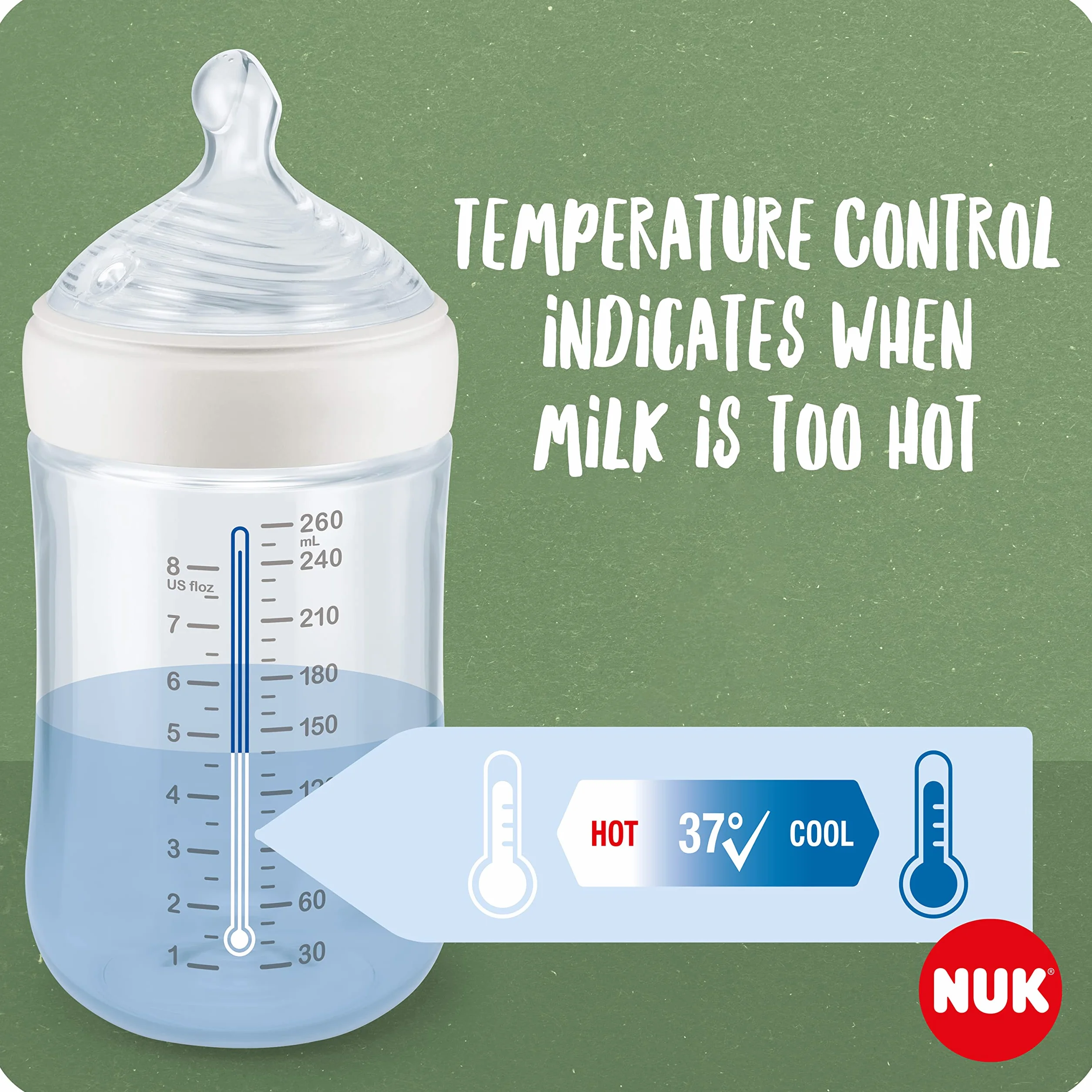 NUK for Nature Butelka dla niemowląt, średniej wielkości, 260 ml, trwały silikonowy smoczek z antykolkową wentylacją, regulacja temperatury, bez BPA, zielony