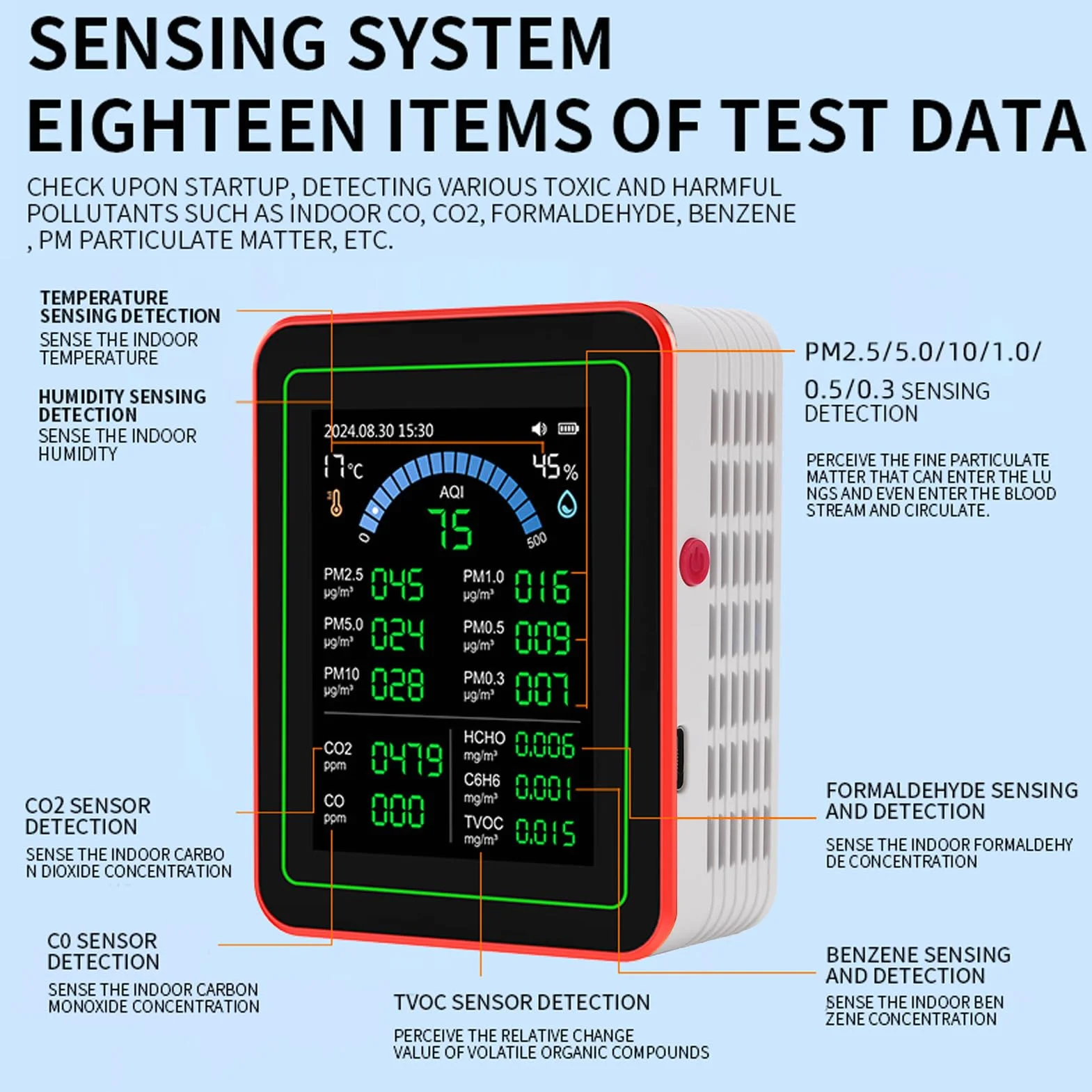 Miernik Jakości Powietrza 18 w 1 CO2 TVOC HCHO PM2.5 PM10 Temp Wilgotność Detekcja Tester Wewnątrz Zasilanie Bateryjne Przechowywanie Danych Wyświetlacz LCD Do Domu Biuro