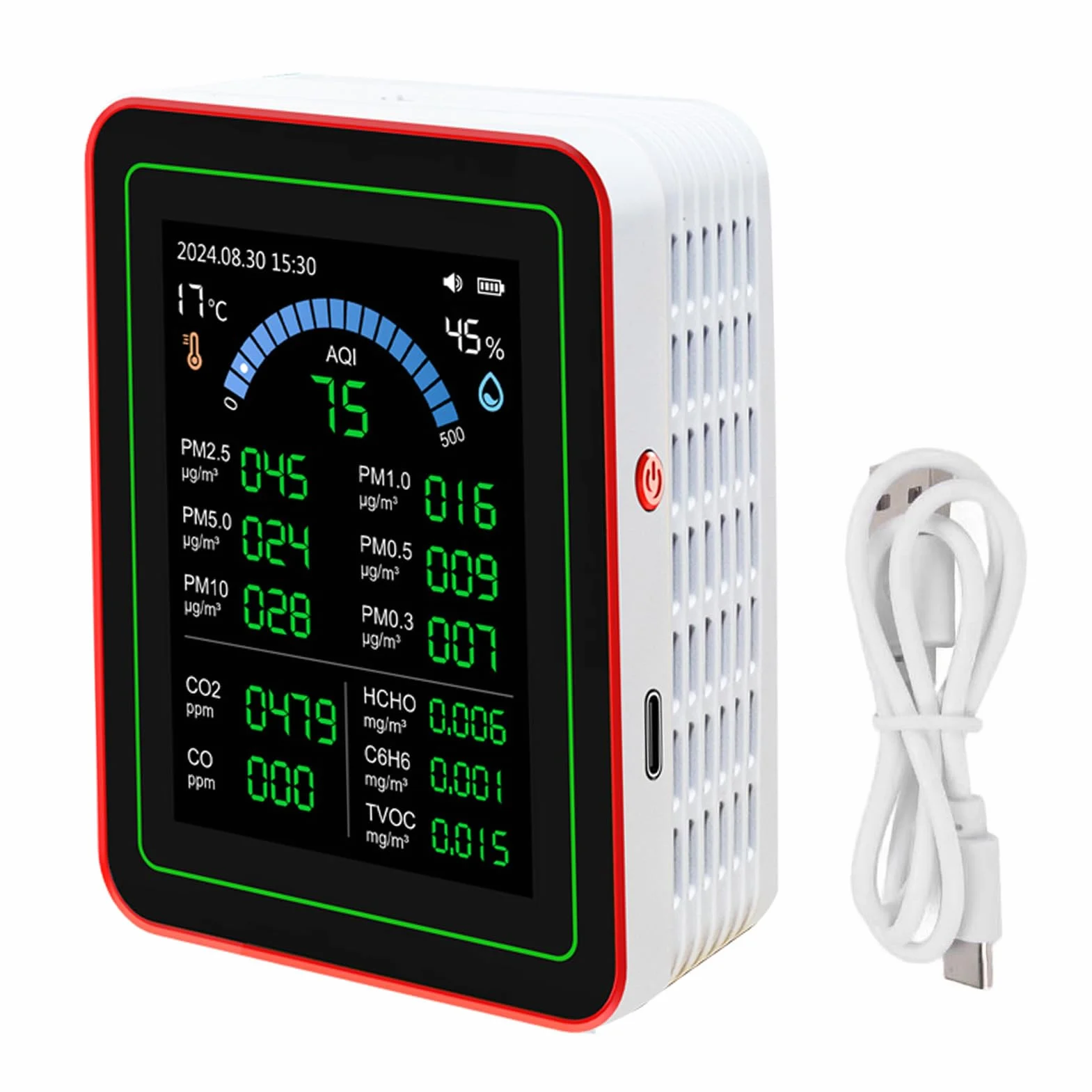 Miernik Jakości Powietrza 18 w 1 CO2 TVOC HCHO PM2.5 PM10 Temp Wilgotność Detekcja Tester Wewnątrz Zasilanie Bateryjne Przechowywanie Danych Wyświetlacz LCD Do Domu Biuro
