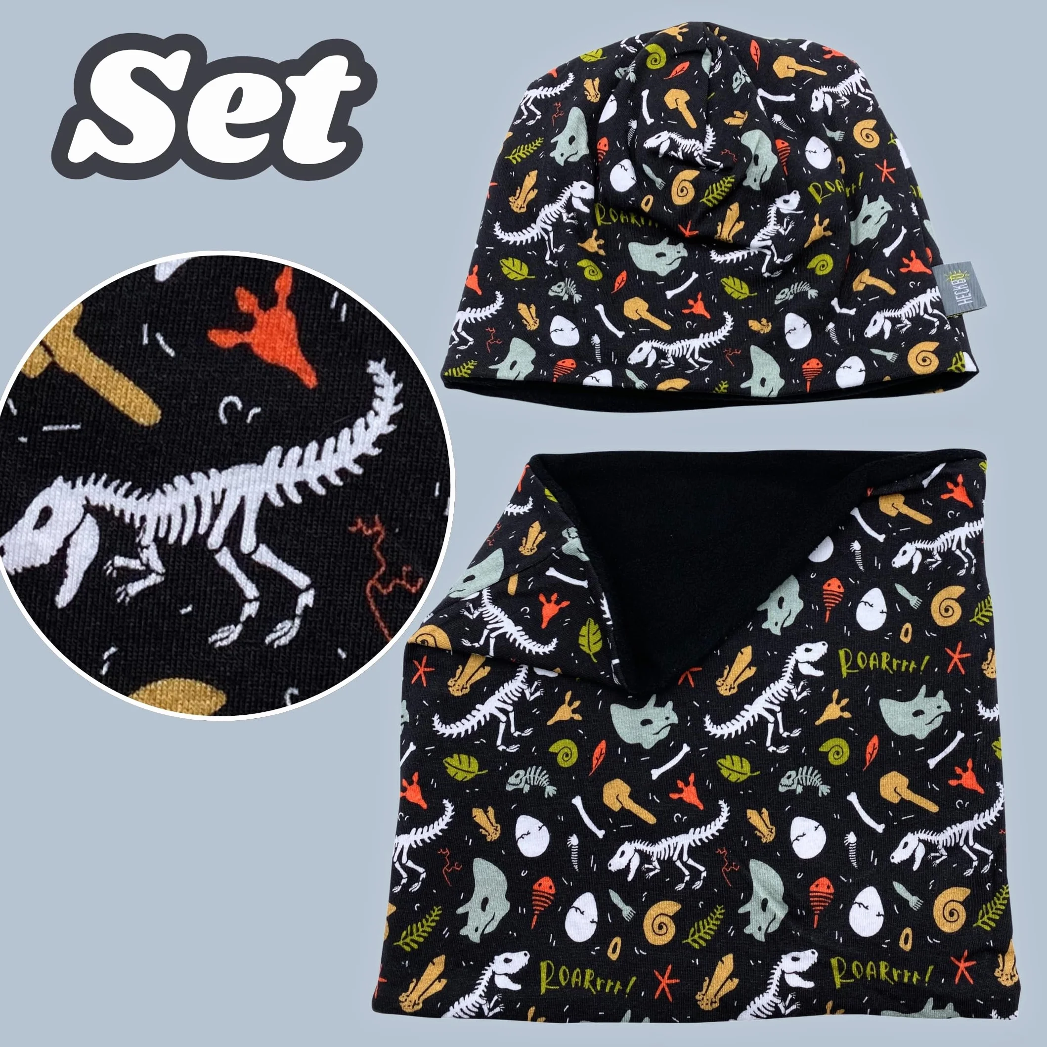 HECKBO Zestaw czapka beanie i komin dla dzieci – z podszyciem z polaru lub dżerseju (dwustronny) – unisex dla chłopców i dziewczynek – 95% bawełny – idealny na jesień, wiosnę i zimę