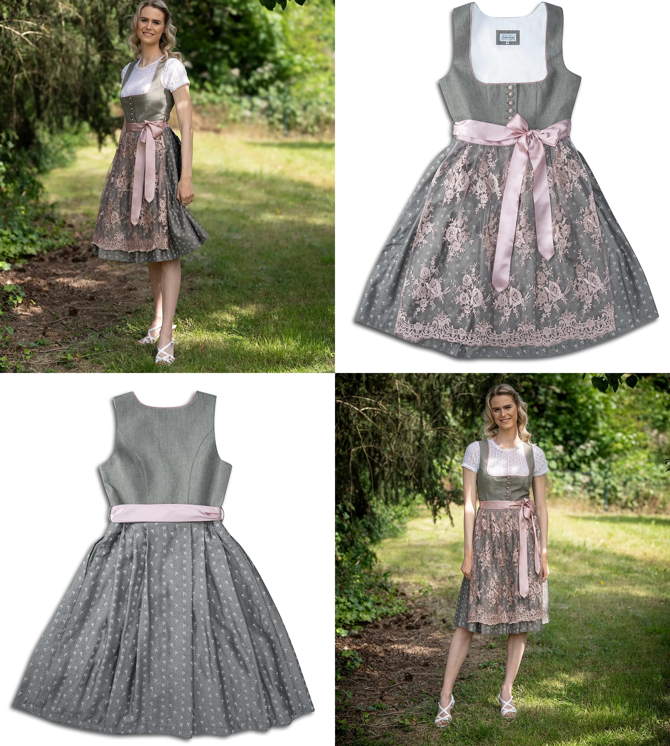 Schöneberger Dirndl Dirndl z zapięciem na guziki i koronkowym fartuchem – elegancki żakardowy Dirndl w kolorze różowym/szarym – Midi Isabella
