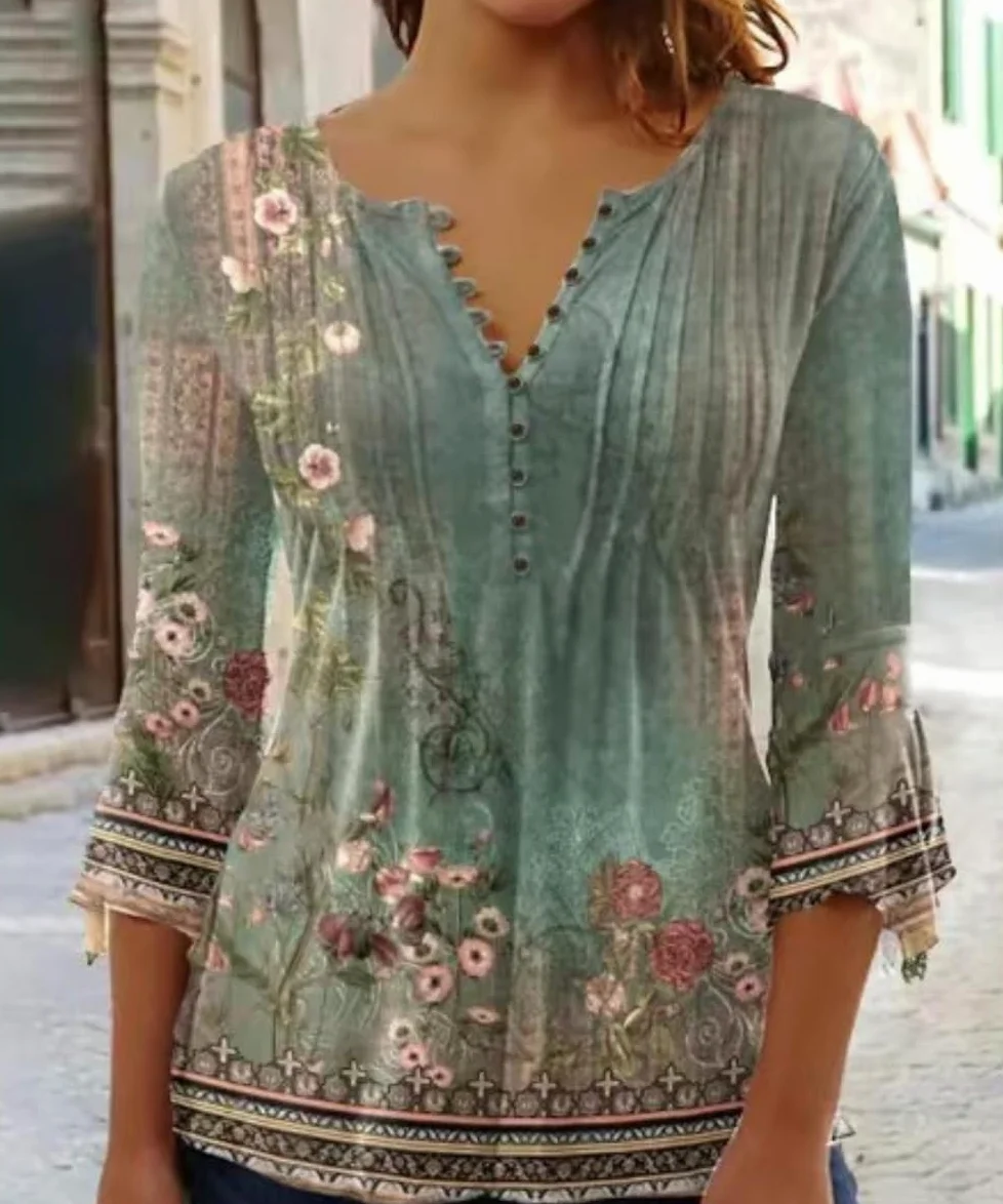 ABYOVRT Elegancka bluzka damska, dekolt w serek, rękaw 3/4, tunika, top, luźna bluzka w kwiaty, Henley, długa koszulka w luźnym stylu, koszulka z długim rękawem, S-XXL