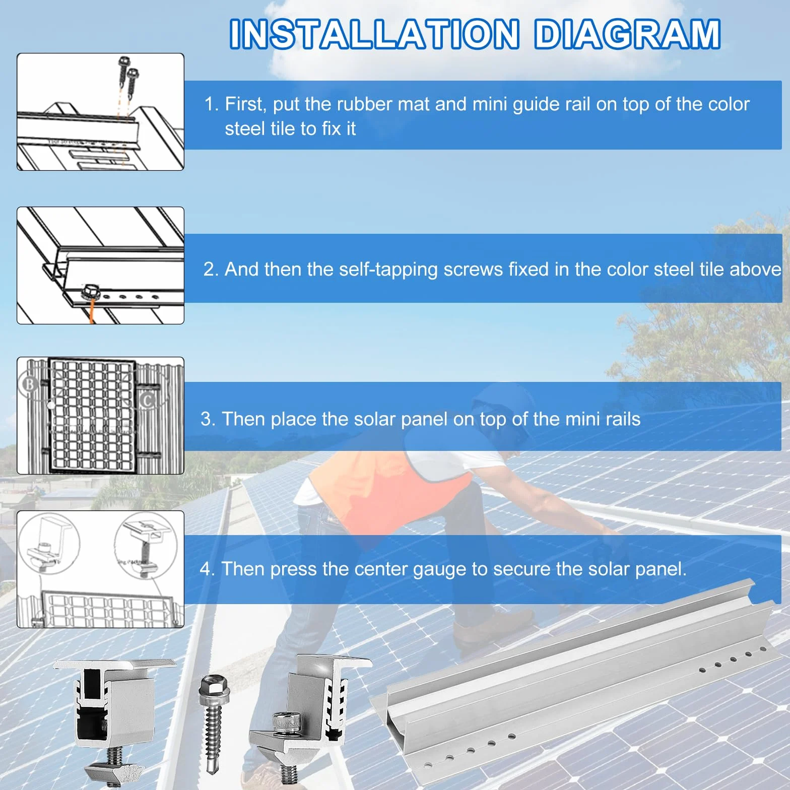 Zestaw 6 uchwytów do montażu modułu solarnego, 300 mm, moduł PV, wspornik szyn płaskiego dachu, 30-45 mm, regulowany zacisk końcowy, do profilu aluminiowego do mocowania fotowoltaicznego