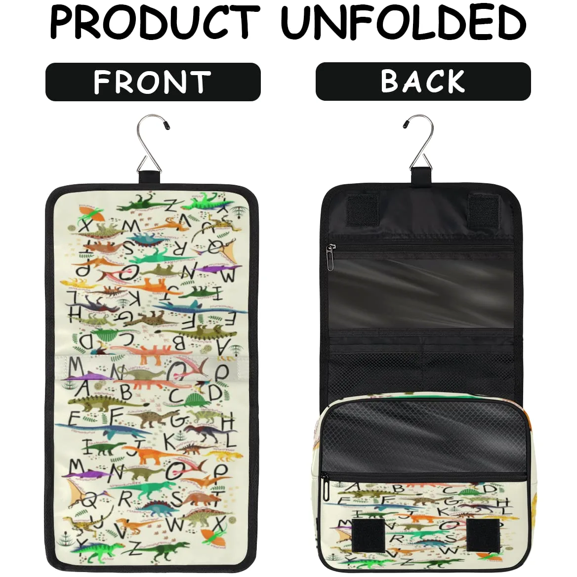 Dinozaury Podróżna kosmetyczka Alfabety Dinozaury Mycie Torba Unisex Wiszące przybory toaletowe Kosmetyczka Organizer do makijażu, wielobarwny, Jeden rozmiar