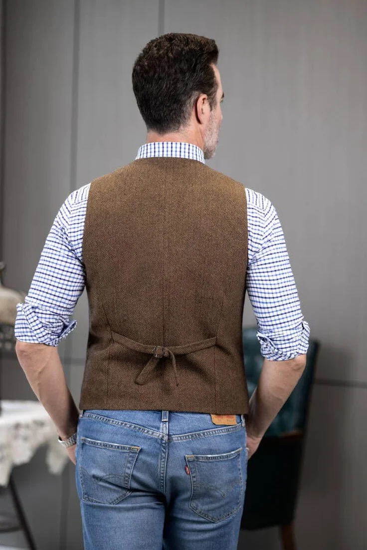 Męska kamizelka w jodełkę, wełniana, tweedowa, dekolt w serek, slim fit, sukienka z 3 kieszeniami, kamizelka na ślub, studniówkę, do biznesu
