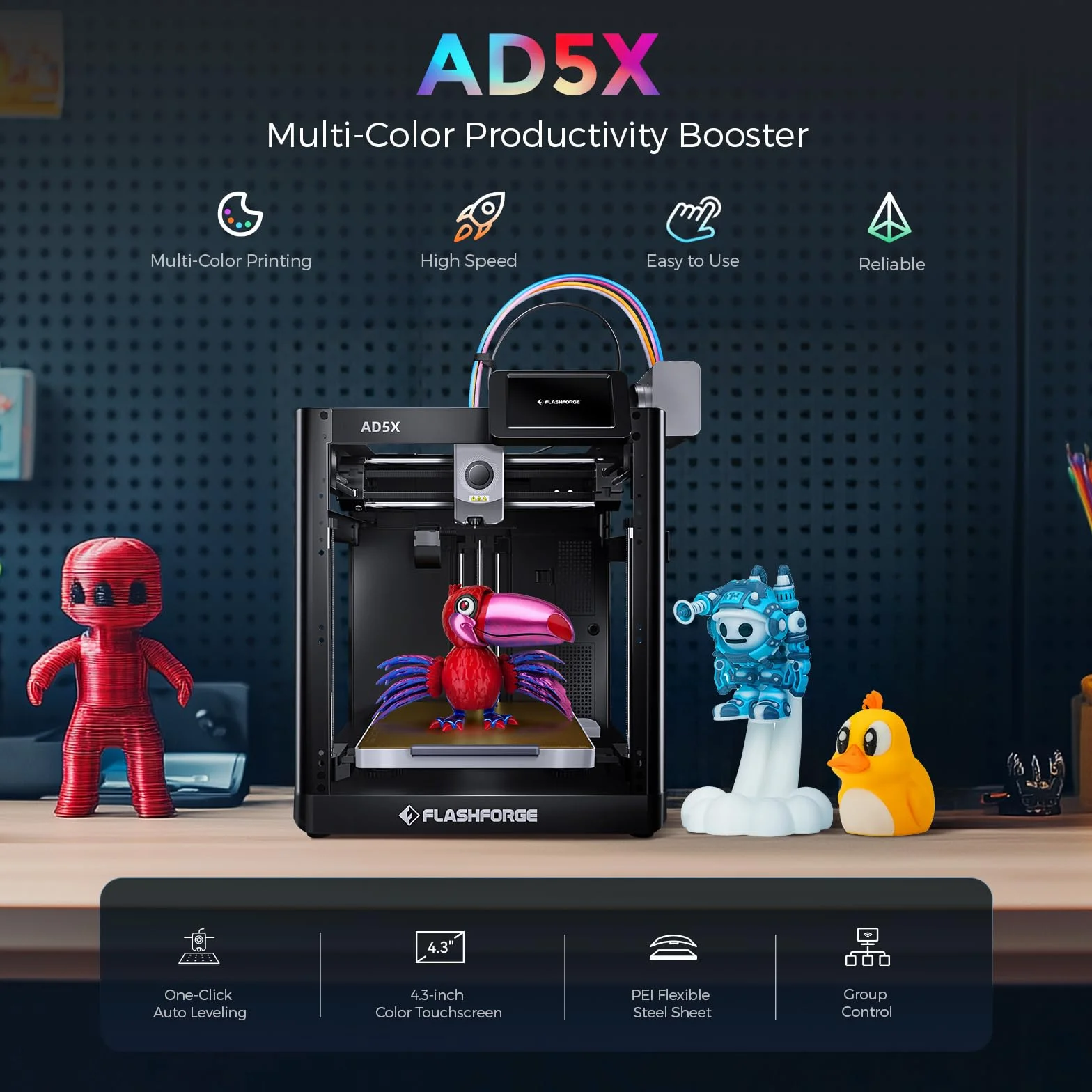 Flashforge Drukarka 3D Adventurer 5X z wielokolorowym nadrukiem, dostosuj za pomocą IFS, AD5X Multi-Material/Full-Auto Leving Drukarka 3D, Maksymalna prędkość: 600 mm/s, automatyczny wkład filamentu 4