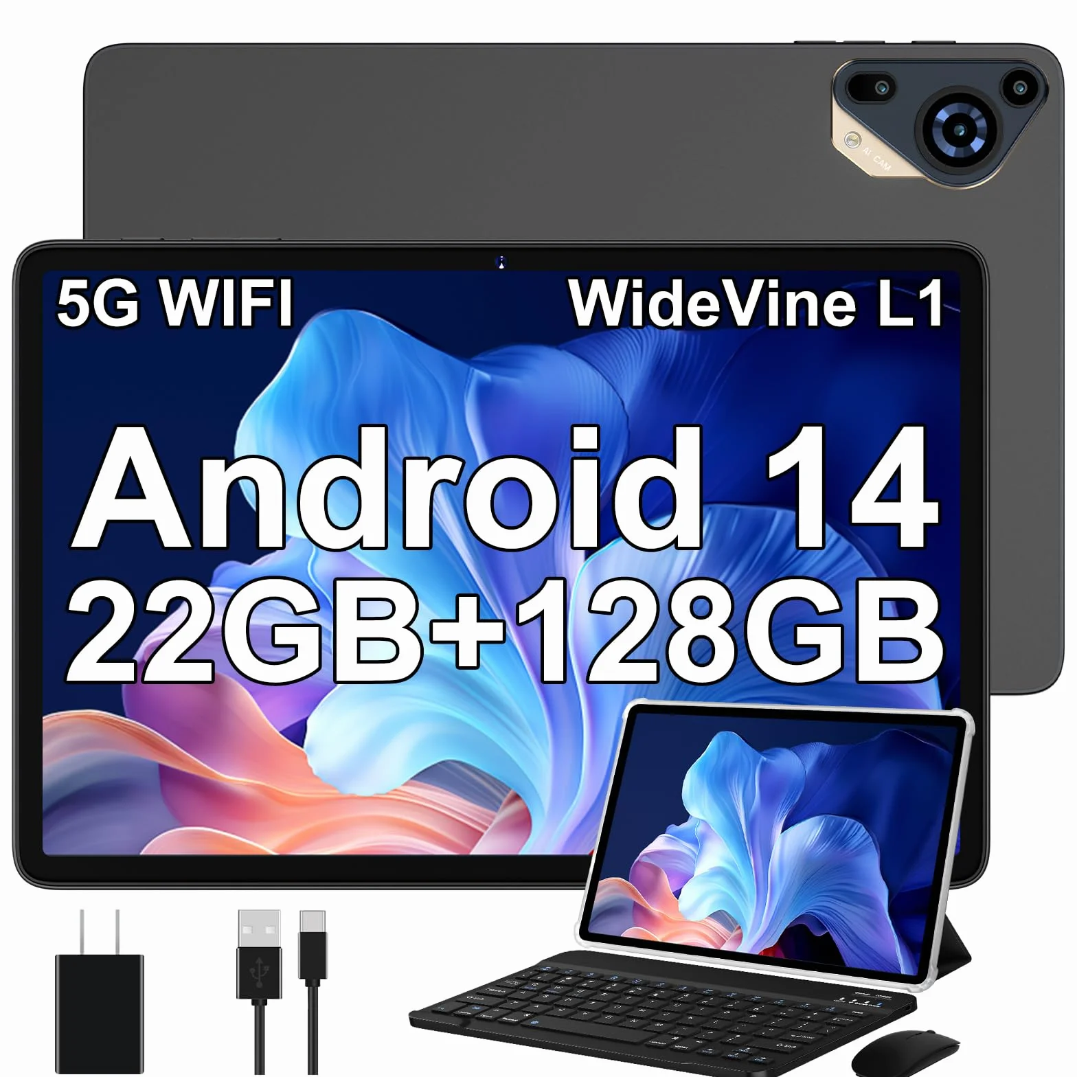 Tablet 10 Cali Android 14 Systemem z 22 GB RAM+128 GB ROM (TF 1TB), Widevine L1, HD 1280 x 800 Incell IPS, 8-Core 2.0GHz, 8000mAh, 8+5MP, 5G WIFI, Tablet Dotykowy z Etui Ochronnym, Szary