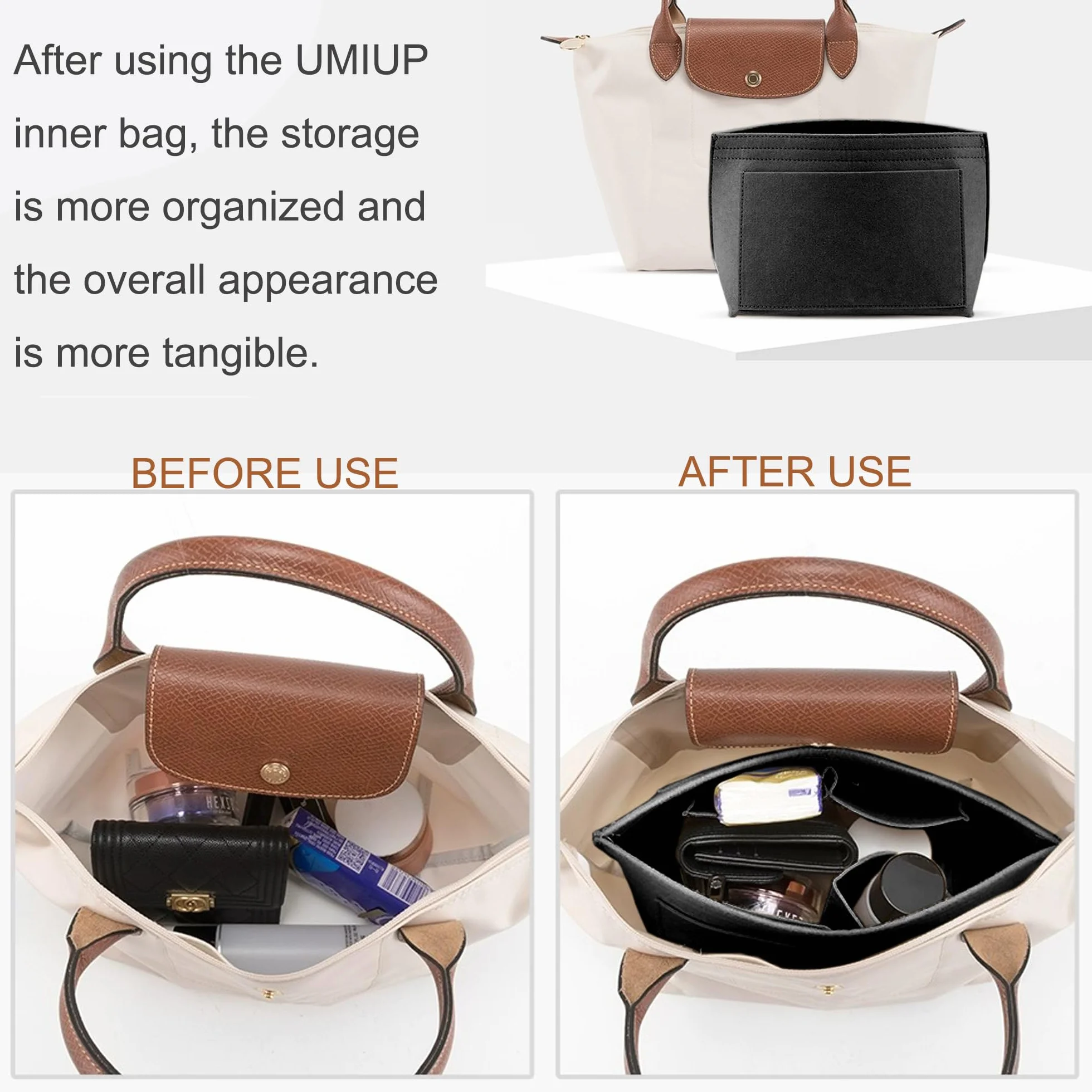 Wkładka do organizera Longchamp Le Pliage, średnia filcowa wkładka do torebki, organizer z zamkiem błyskawicznym, 8 kieszeni
