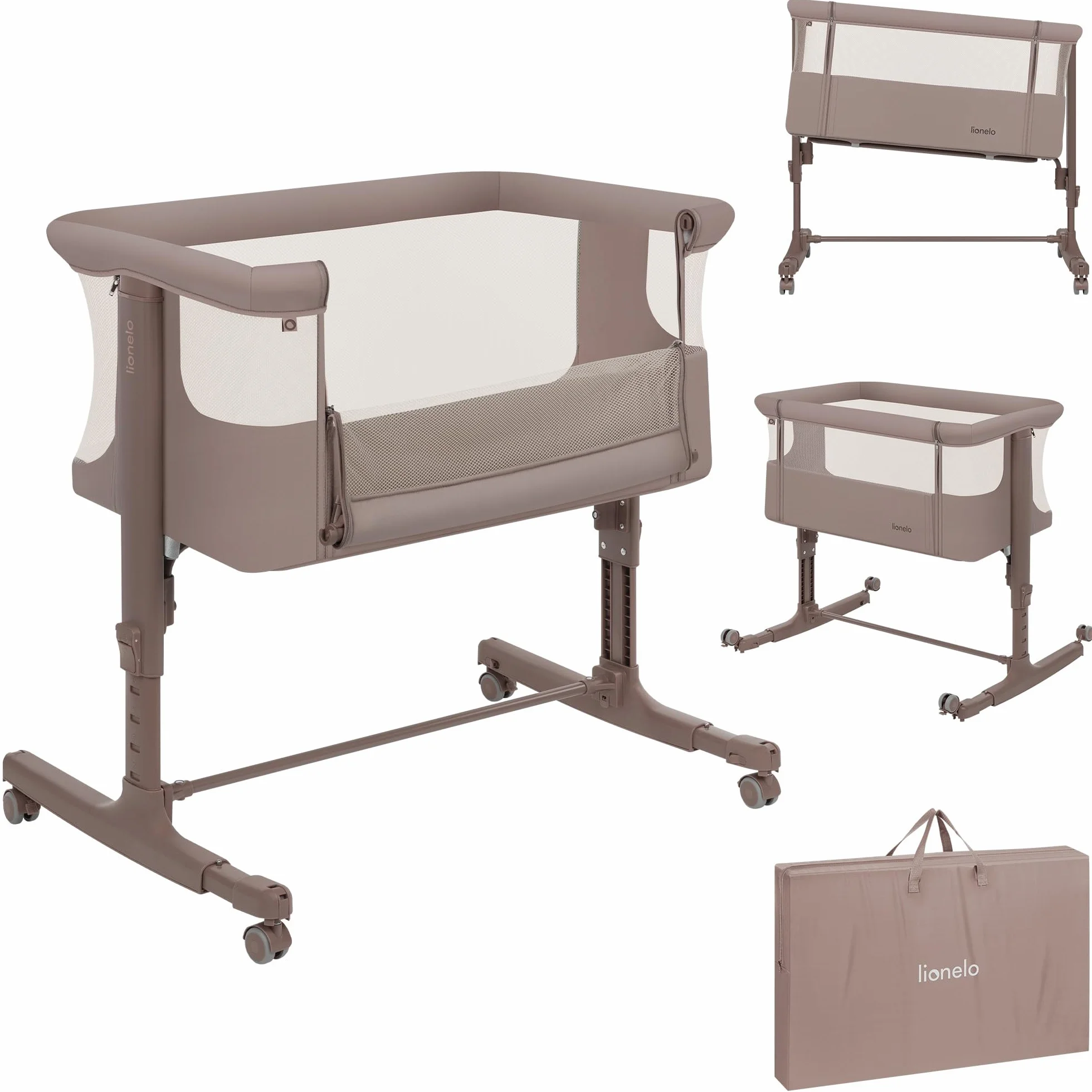 LIONELO Aurora 3 w 1 Łóżeczko Dziecięce do 9 kg, Łóżko Dostawne, Kołyska, Regulacja Wysokości oraz Kąta Nachylenia Materaca, 4 Kółka z Hamulcem Ergonomiczny Materac Torba (Szary)