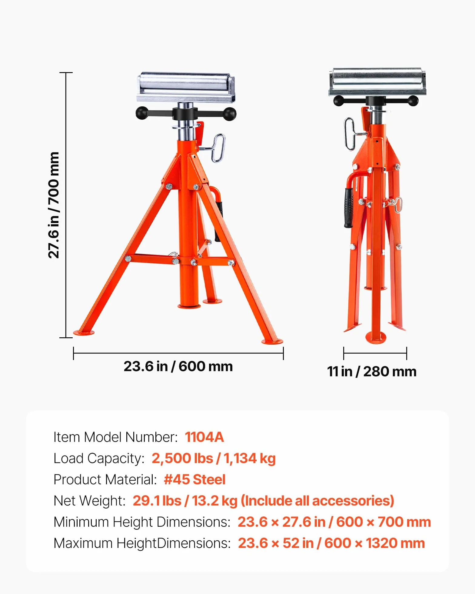 VEVOR Stojak na rolki, nośność 1134 kg, stal #45, regulacja wysokości od 700 do 1320 mm, składany kozioł warsztatowy, kozioł montażowy do piły stołowej, strugarki, szlifierki