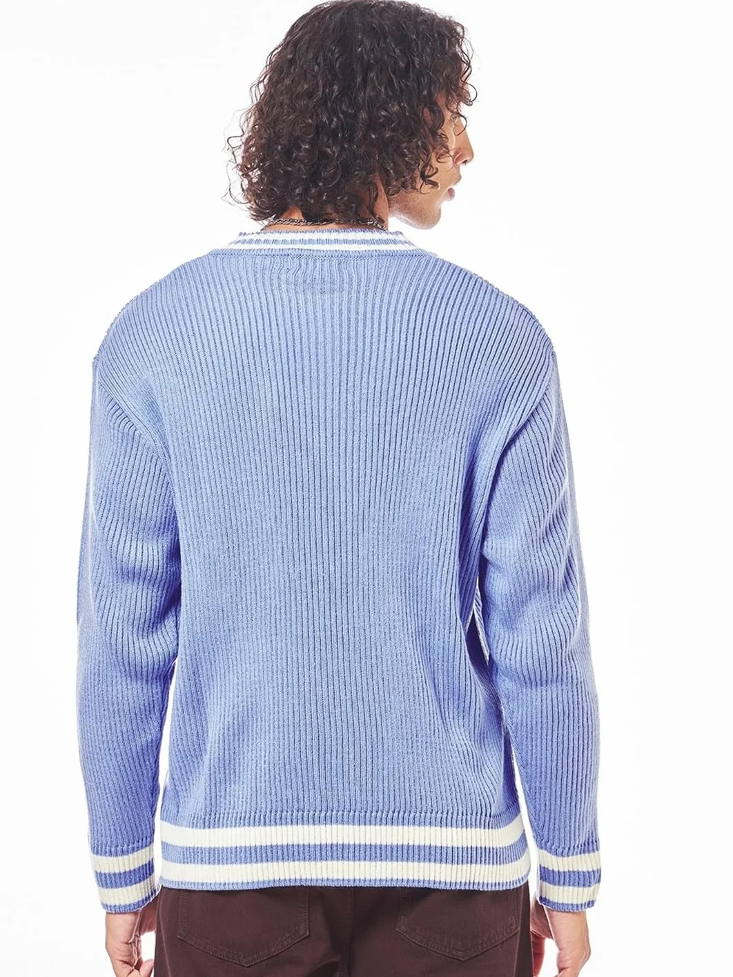 Bewakoof Męski sweter oversize z długim rękawem i dekoltem w serek akrylowy płaski sweter z dzianiny