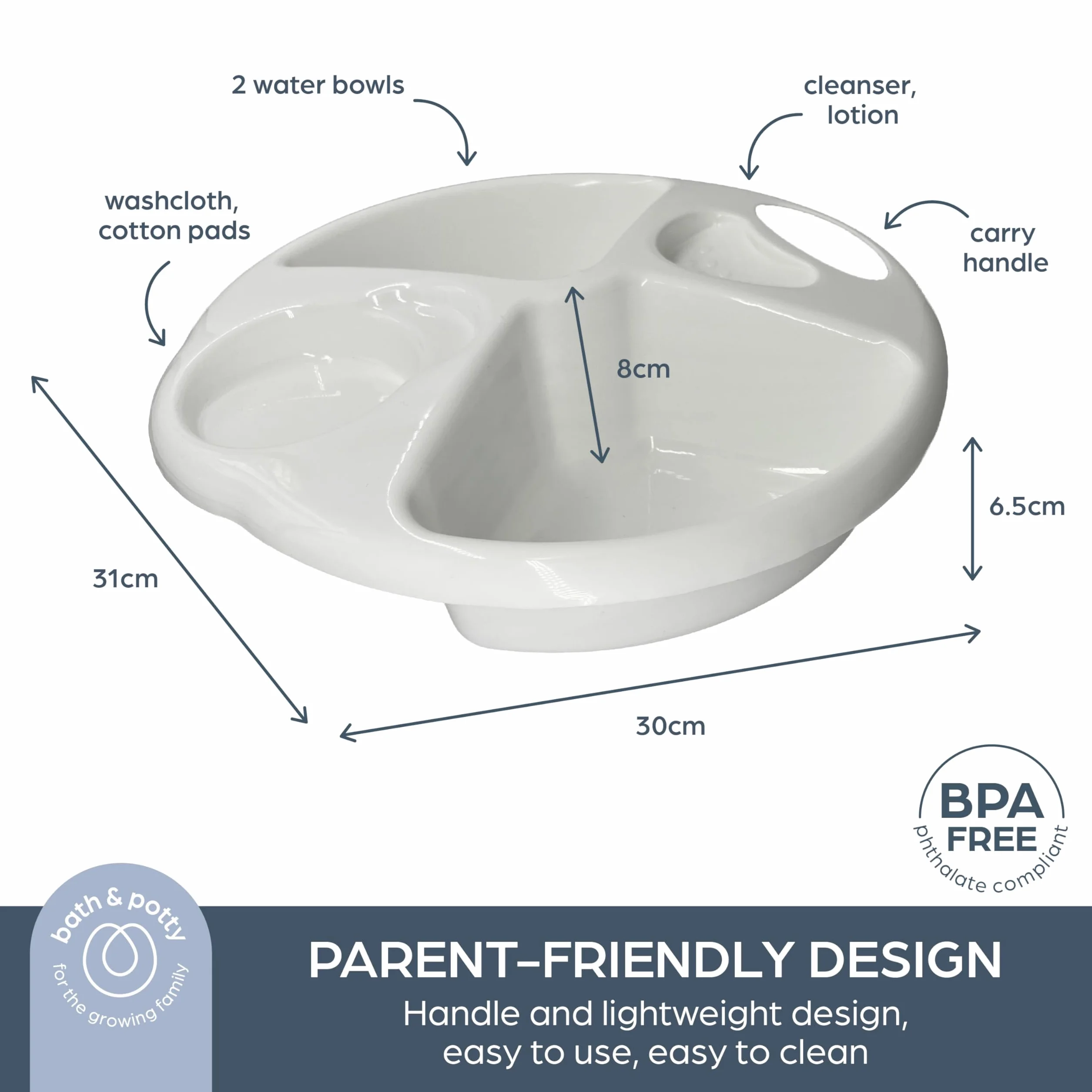 Dreambaby Miska górna i ogonowa, do codziennego użytku, miska górna i ogonowa do kąpieli niemowląt, 2 oddzielne miejsca na gąbki górne i ogonowe, ergonomiczna konstrukcja, lekka i przenośna, łatwa do