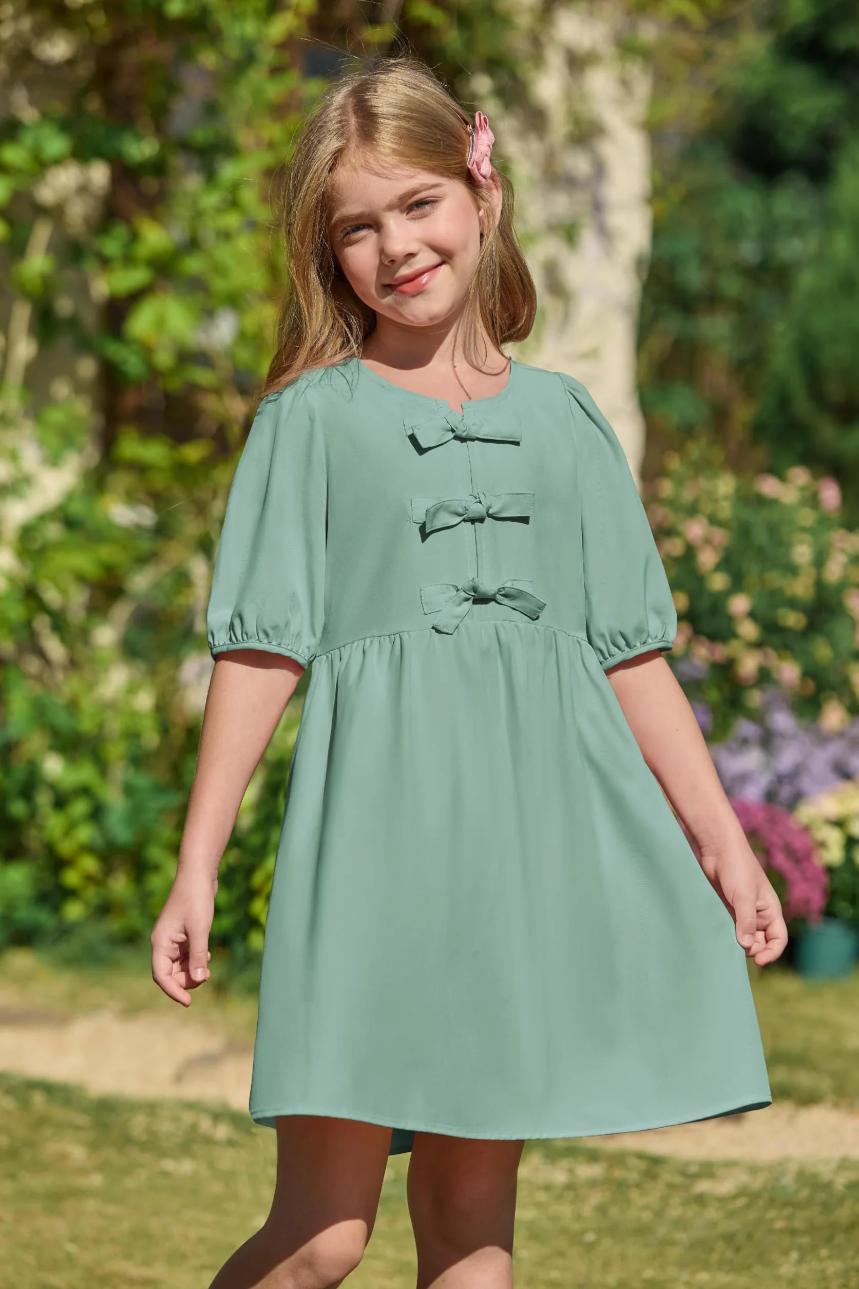 Haloumoning Dziewczęca sukienka z krótkim rękawem, okrągły dekolt, sukienka na czas wolny, z kokardką, linia A, sukienka letnia, jednokolorowa, elegancka sukienka na imprezę, urodziny, wesele