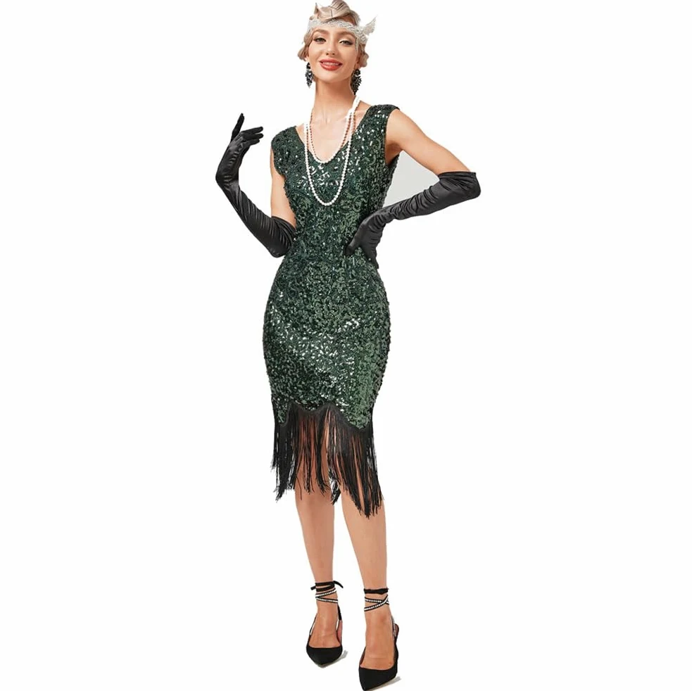 Sukienka Flapper dla kobiet z lat 20. XX wieku, cekiny, frędzle, kostium Gatsby, sukienka kostiumowa