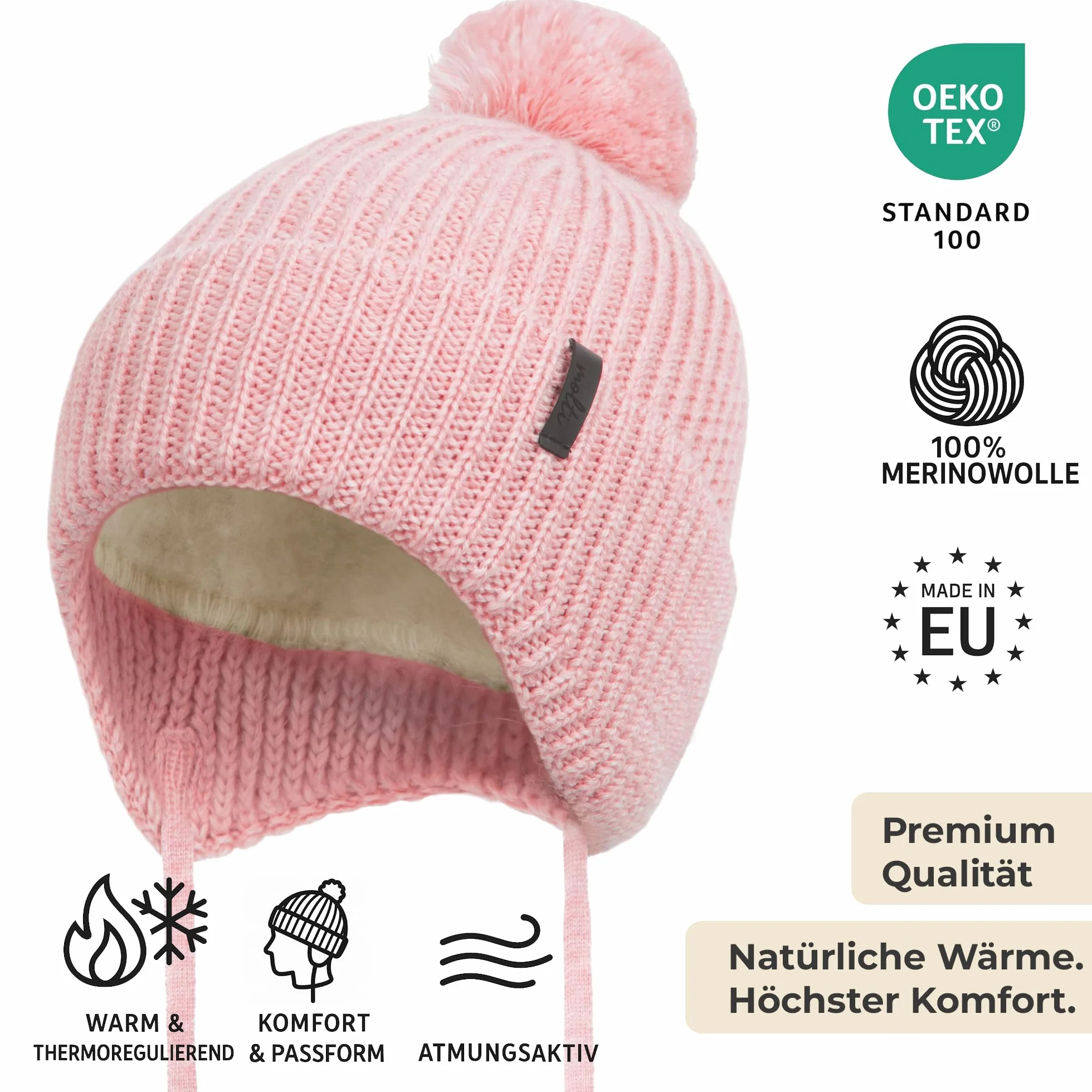 molti Dziecięca czapka zimowa beanie ze 100% wełny merino z podszewką z polaru, czapka z dzianiny z tasiemkami i pomponem, ciepła i miękka, Öko-Tex, rozmiar 46-48, brązowa