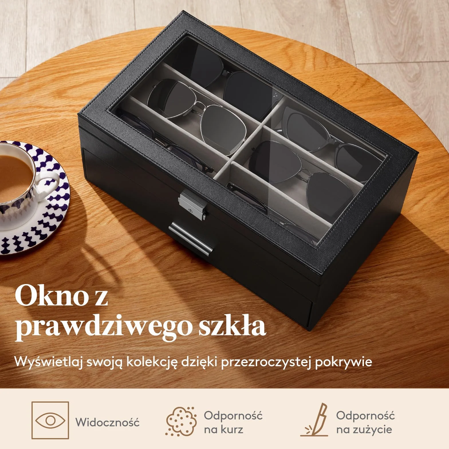 Lifewit 2-Warstwowy Organizer na Okulary Przeciwsłoneczne ze Szklaną Pokrywką, 6 Miejsc na Okulary i Zegarki, Czarny