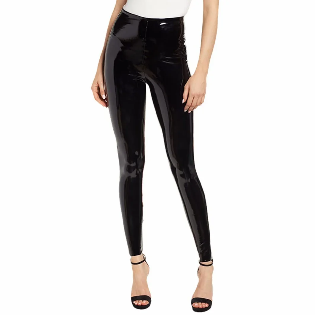 Damskie seksowne, obcisłe, boczne, bezszwowe spodnie z PVC PU Faux Leather Legginsy Niski stan Plus Size Party Wąskie obcisłe spodnie obcisłe (czarne 3XL)