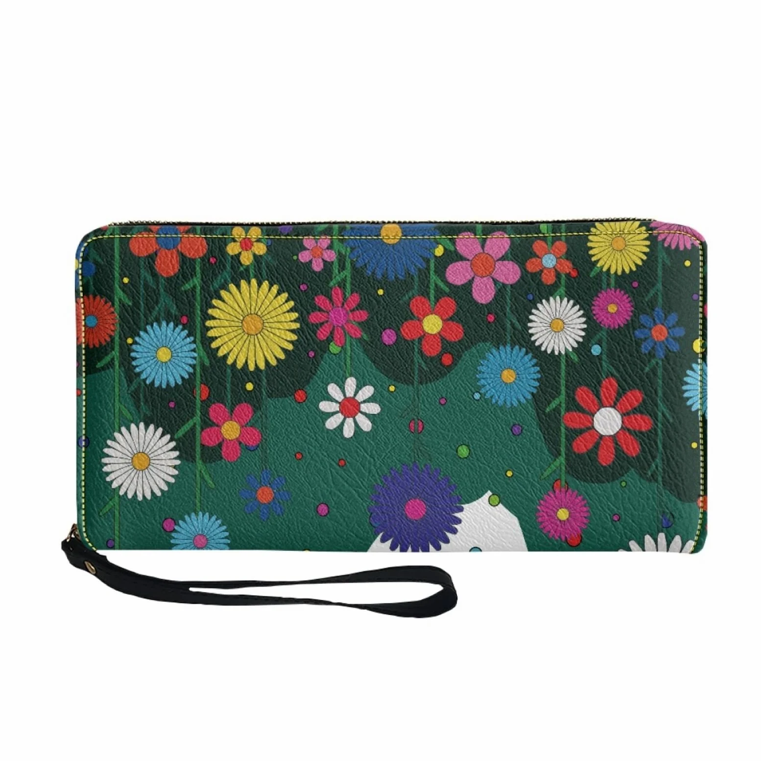 Portfel damski z portfelem na karty damskie, trwały, lekki i praktyczny portfel skórzany z kilkoma przegródkami i zapinanym na zamek etui na karty, Kolorowe wzory kwiatowe, 11x20cm/3 Pièce, Nowoczesny