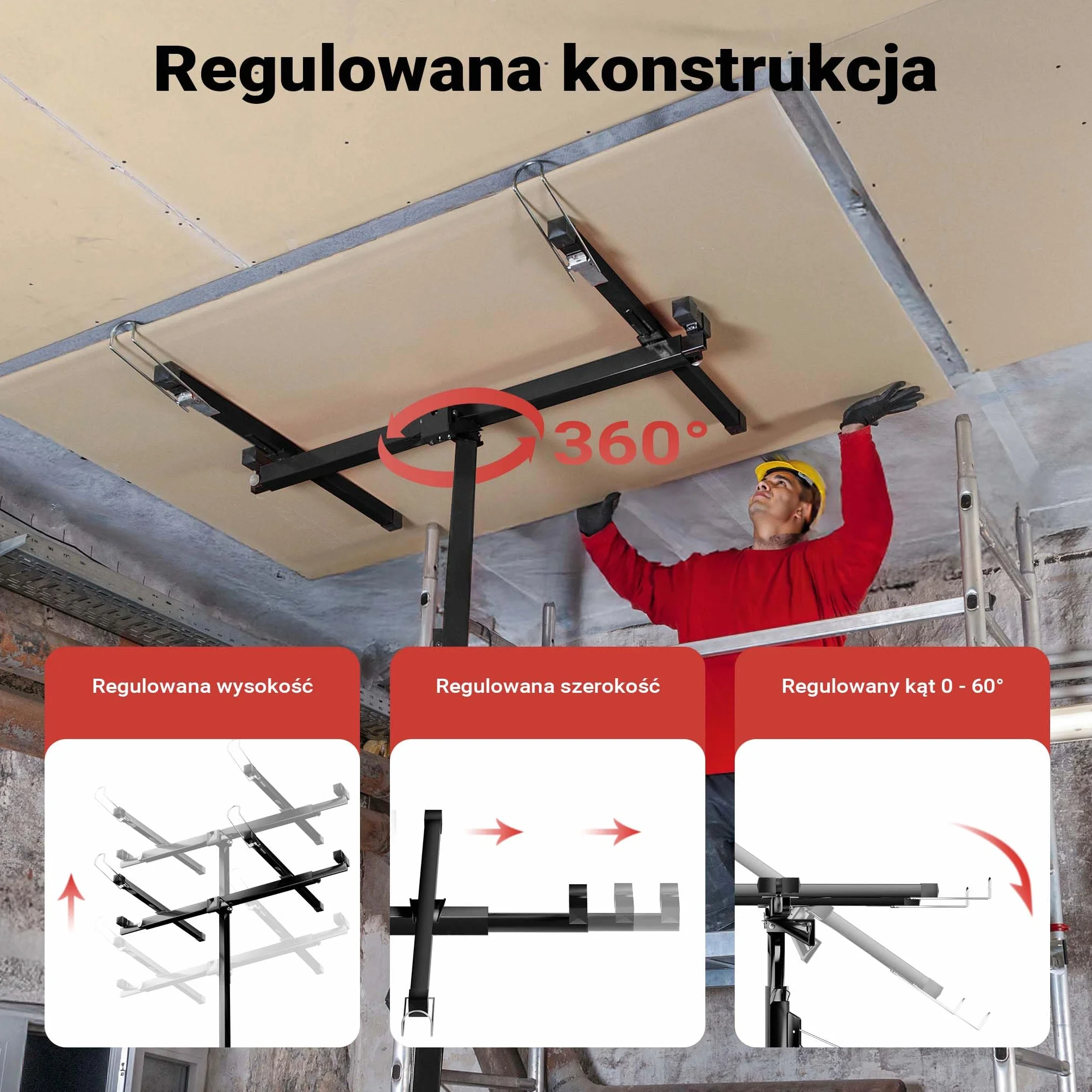 Podnośnik do paneli Wiltec XXL do maks. 68 kg, wysokość 140-350 cm, maks. szerokość 2,90 m, pomoc w montażu płyt kartonowo-gipsowych, obsługa przez 1 osobę, 3 koła z hamulcem postojowym, czarny