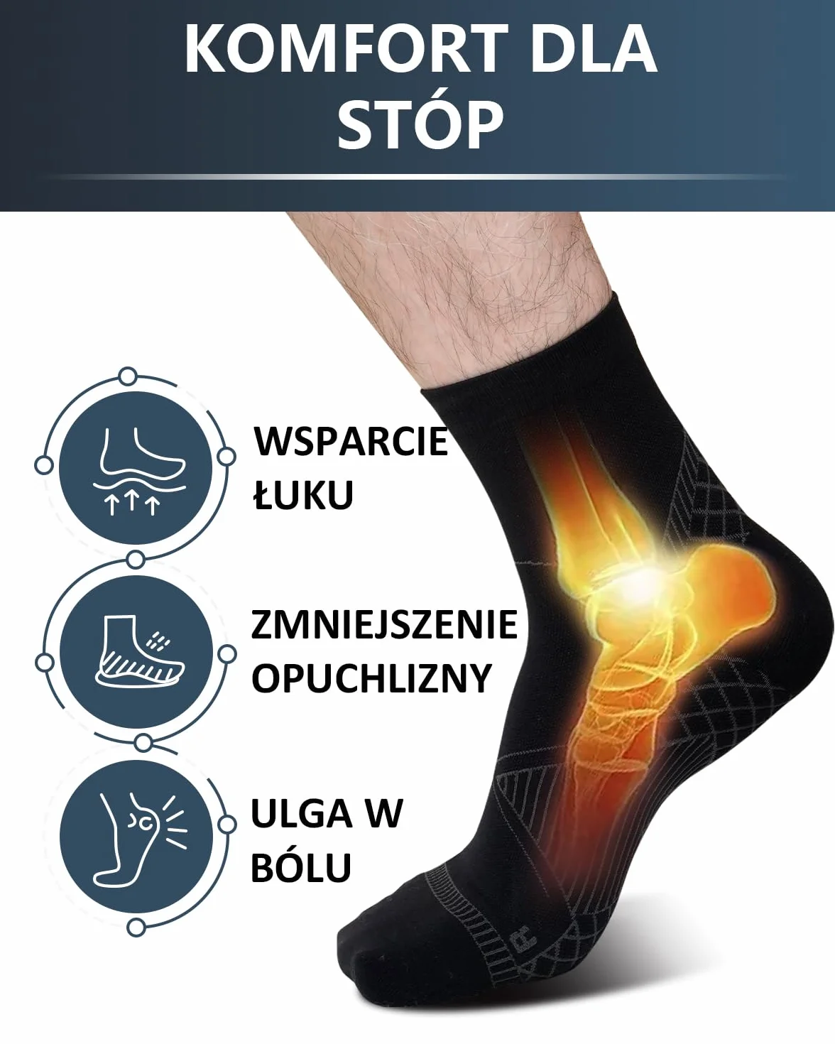 Skarpety Kompresyjne Mężczyźni Kobiety: Terapia Neuropatii i Plantarnego Zapalenia Powięzi, Skarpety wspierające piętę, łuk stopy i ścięgno Achillesa - 1 Para