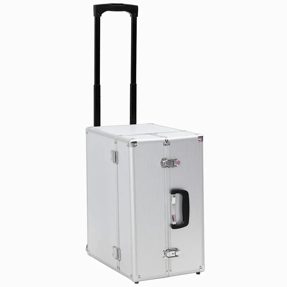 Walizka pilotka z aluminium w kolorze srebrnym 47 x 39 x 27 cm z zamykaną przegródką, uchwytem teleskopowym i 2 zdejmowanymi kółkami, do podróży, dokumentów i segregatorów A4