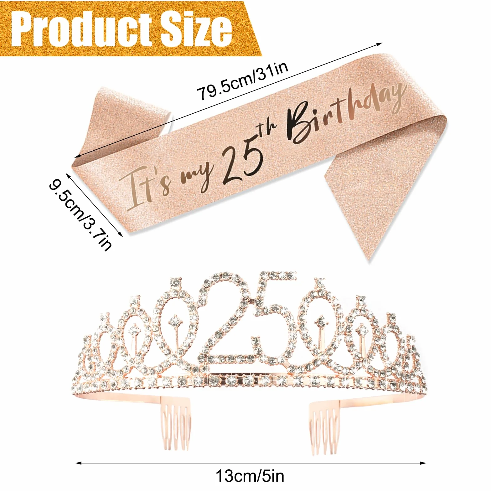 HIKPACKER Zestaw sash i tiara na 25. urodziny, korona, szarfa, złoty, skandynawski styl