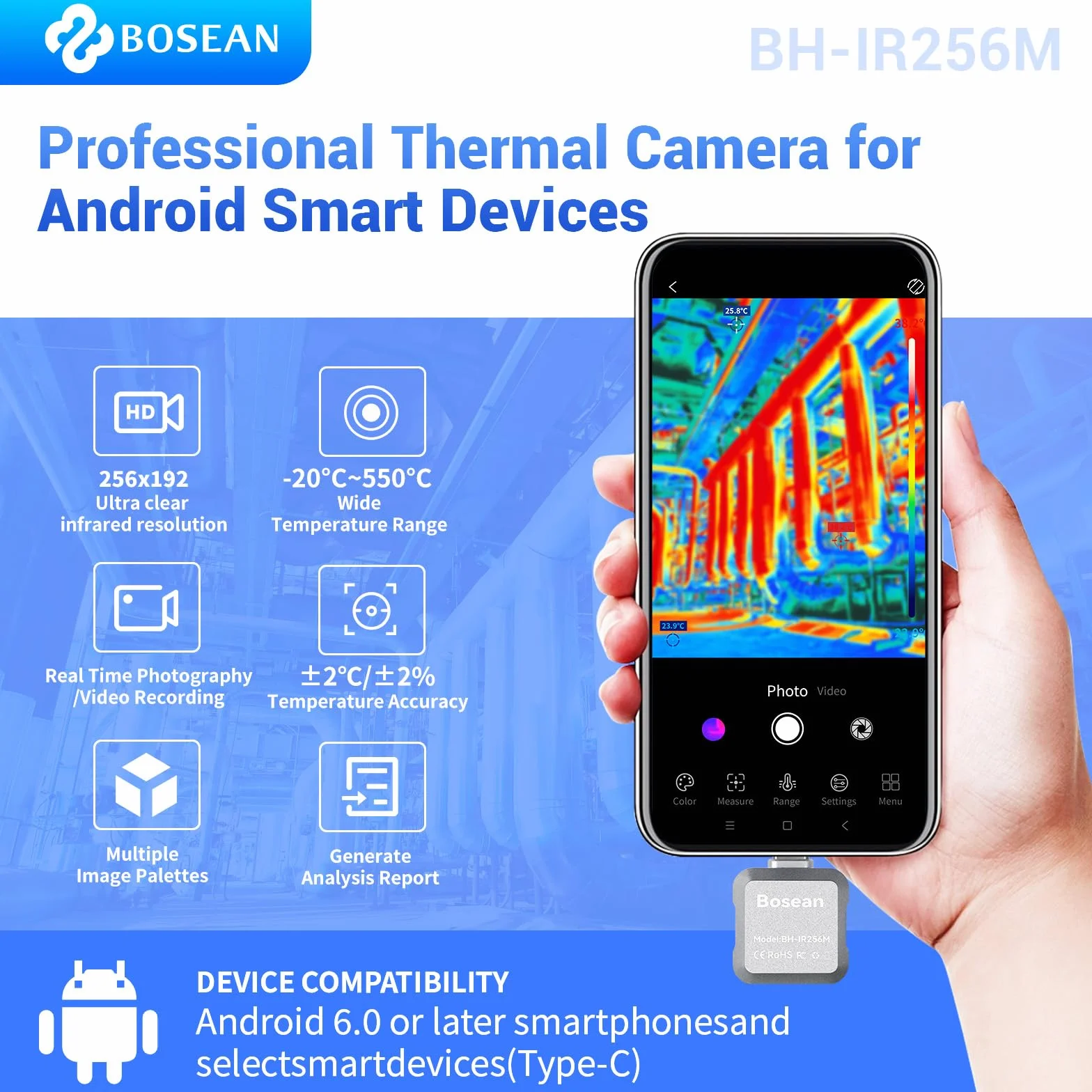 BOSEAN BH-IR256M urządzenie termowizyjne do smartfonów z systemem Android, rozdzielczość 256 x 192 na podczerwień, kamera termowizyjna o częstotliwości odświeżania 25 Hz, <40 mK, zakres temperatur -4°